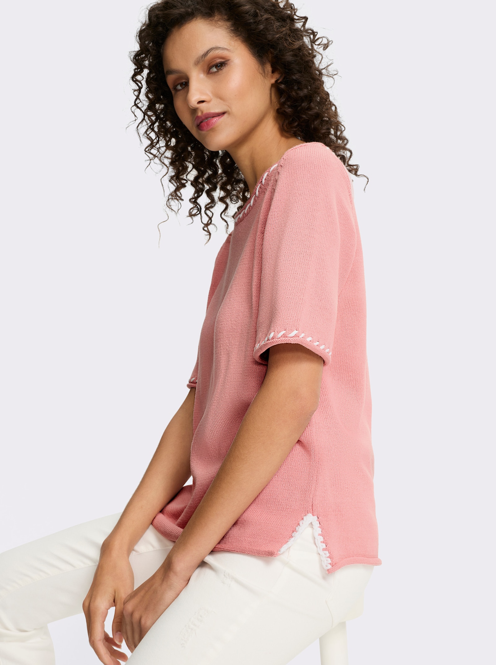 heine Pullover met korte mouwen en zijsplitten - rozenkwarts/wit