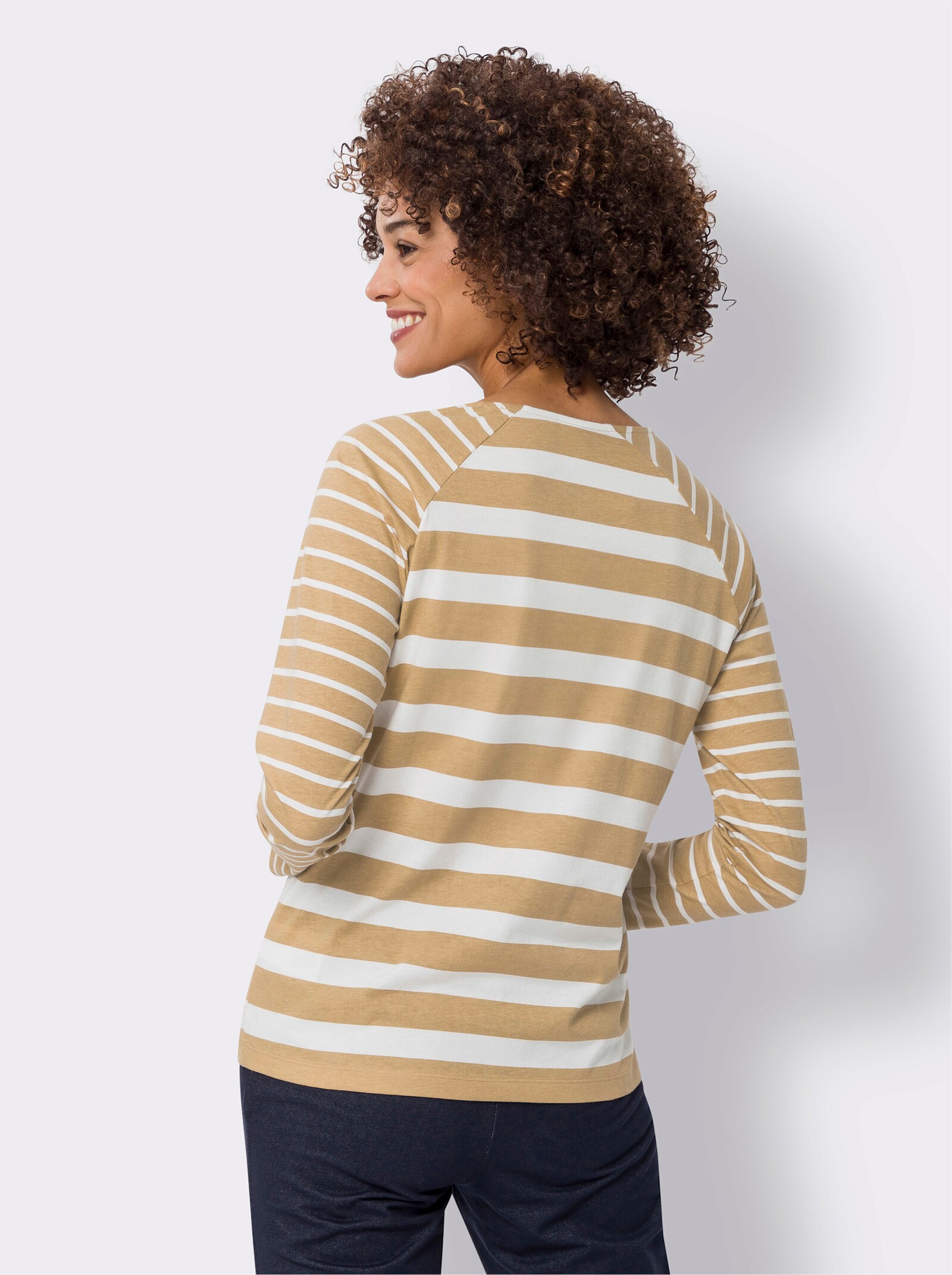 Tričko s dlhými ruk., pruhy - Ťavia-svetlobéžová pásikovaná