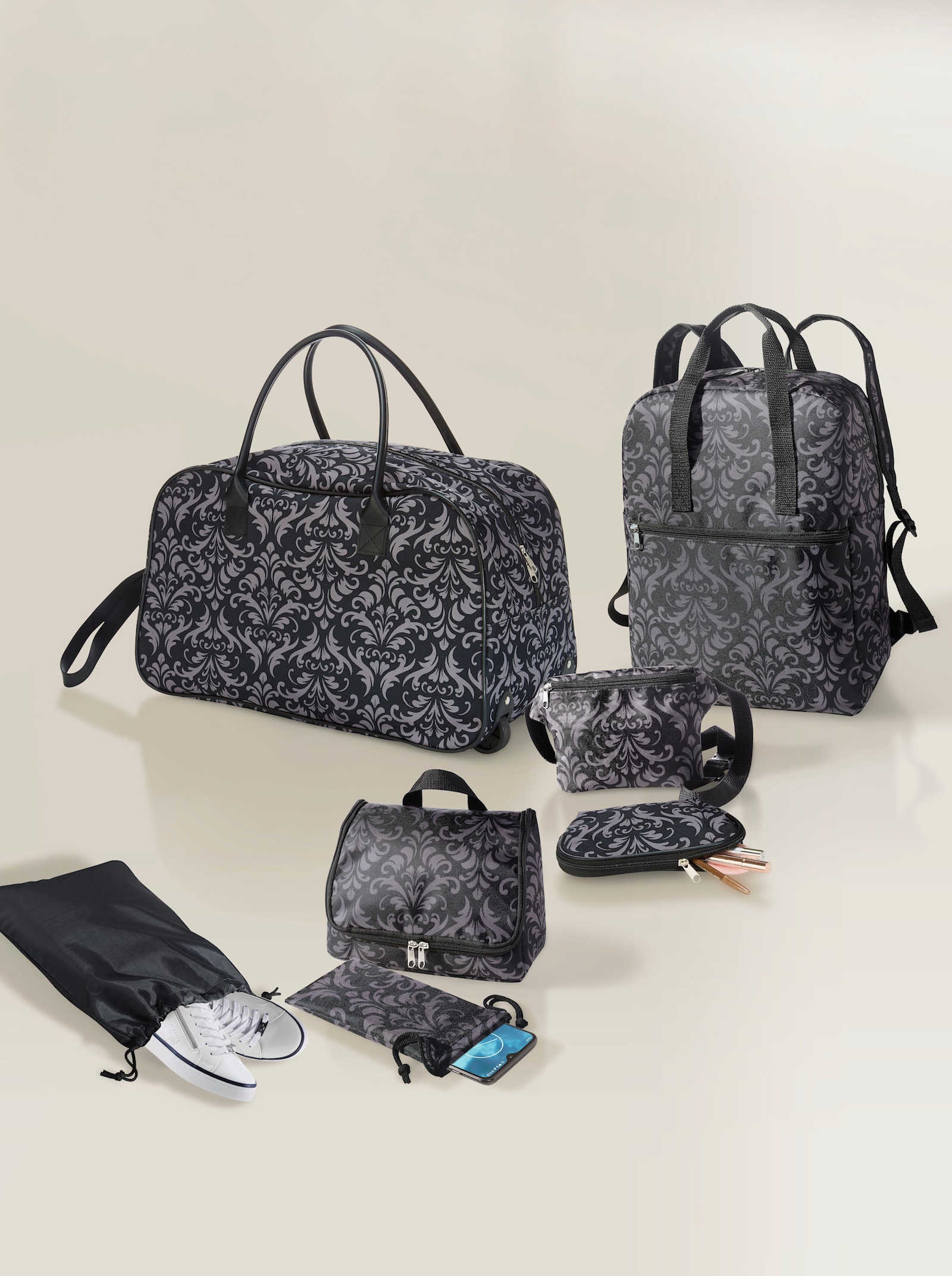 7-tlg. Reiseset - anthrazit-gemustert