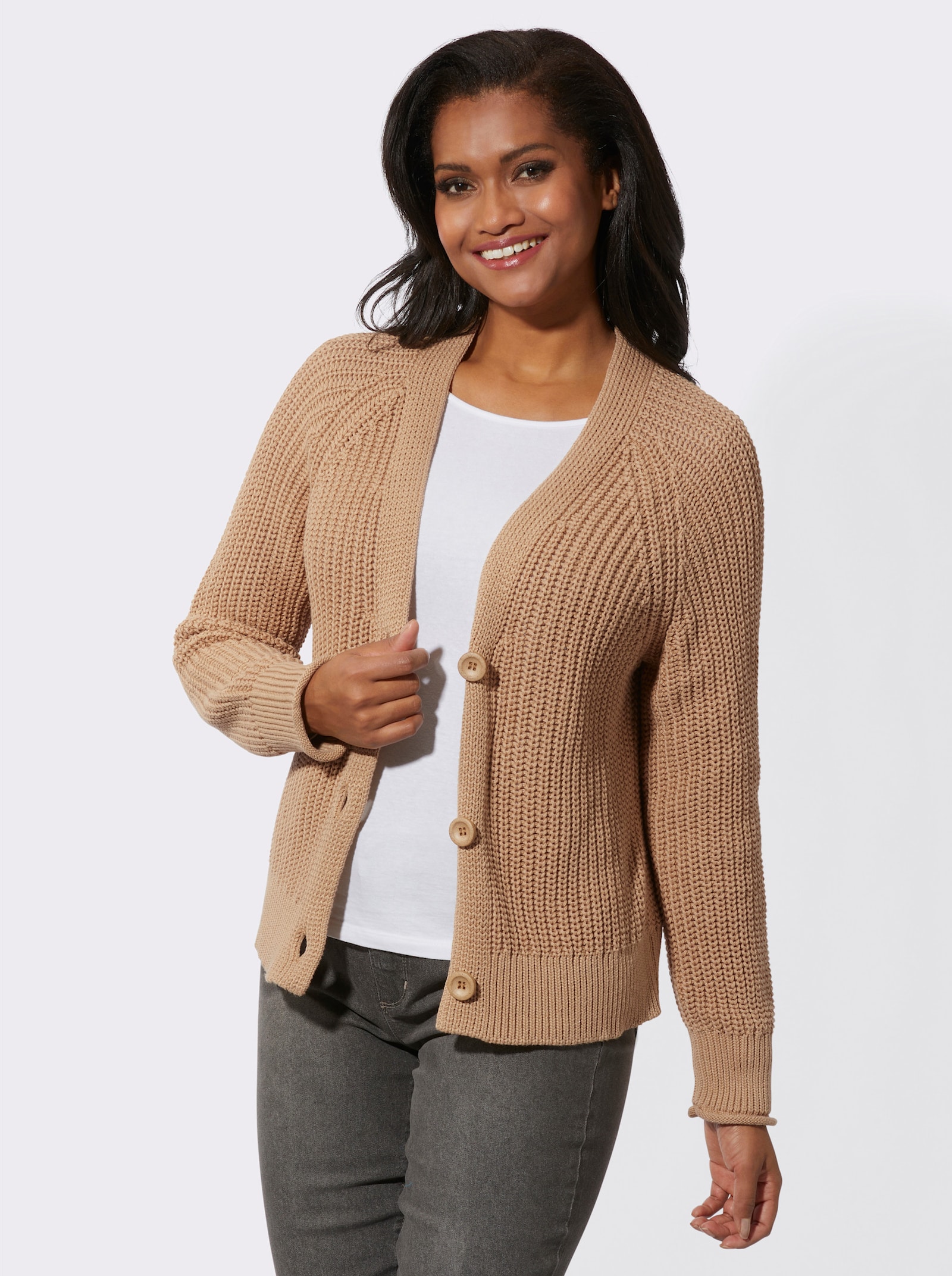 Strickjacke in Grobstrick-Muster - camel