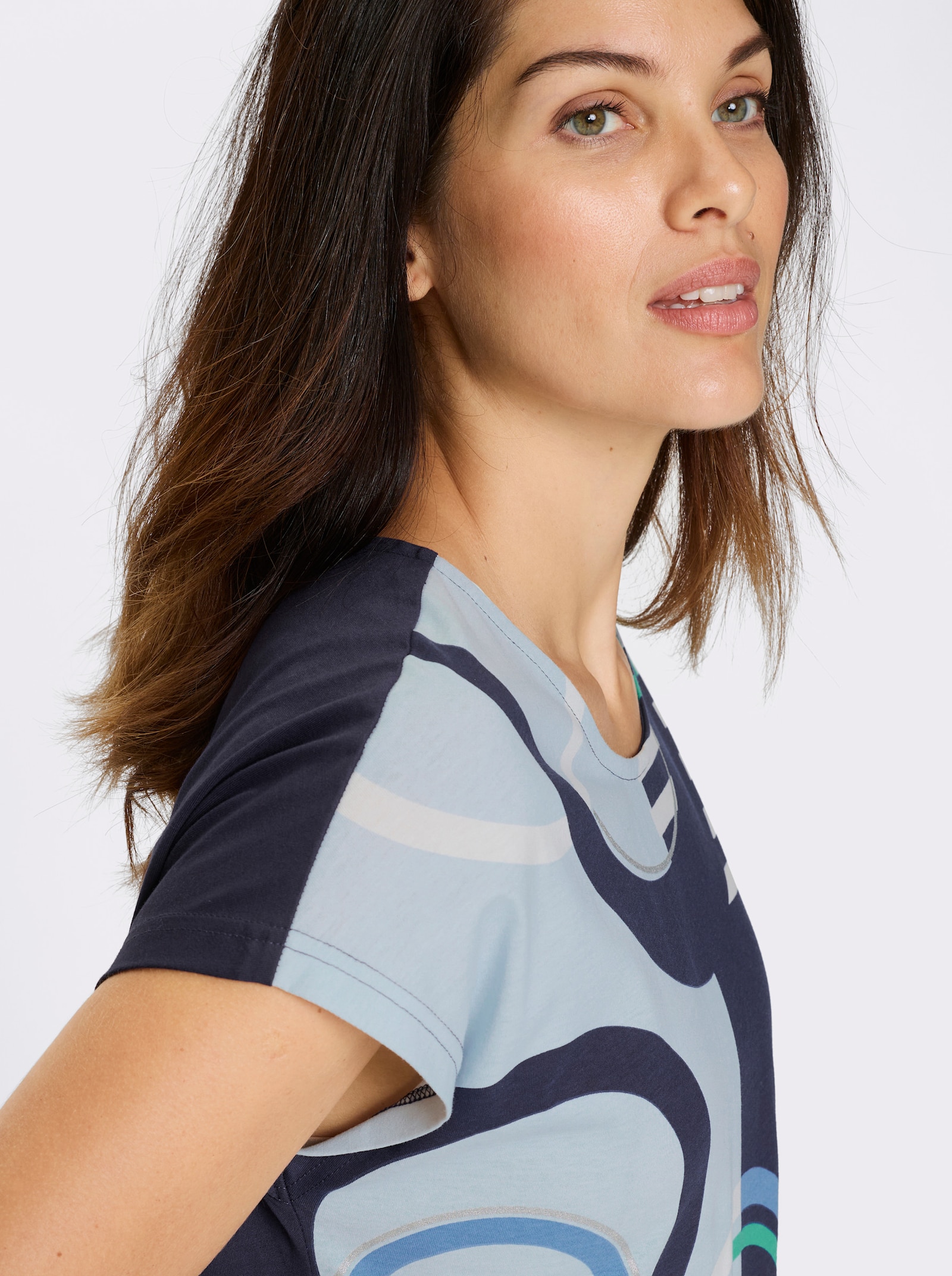 Kurzarmshirt mit silberfarbenen Effekten - marine-hellblau-bedruckt