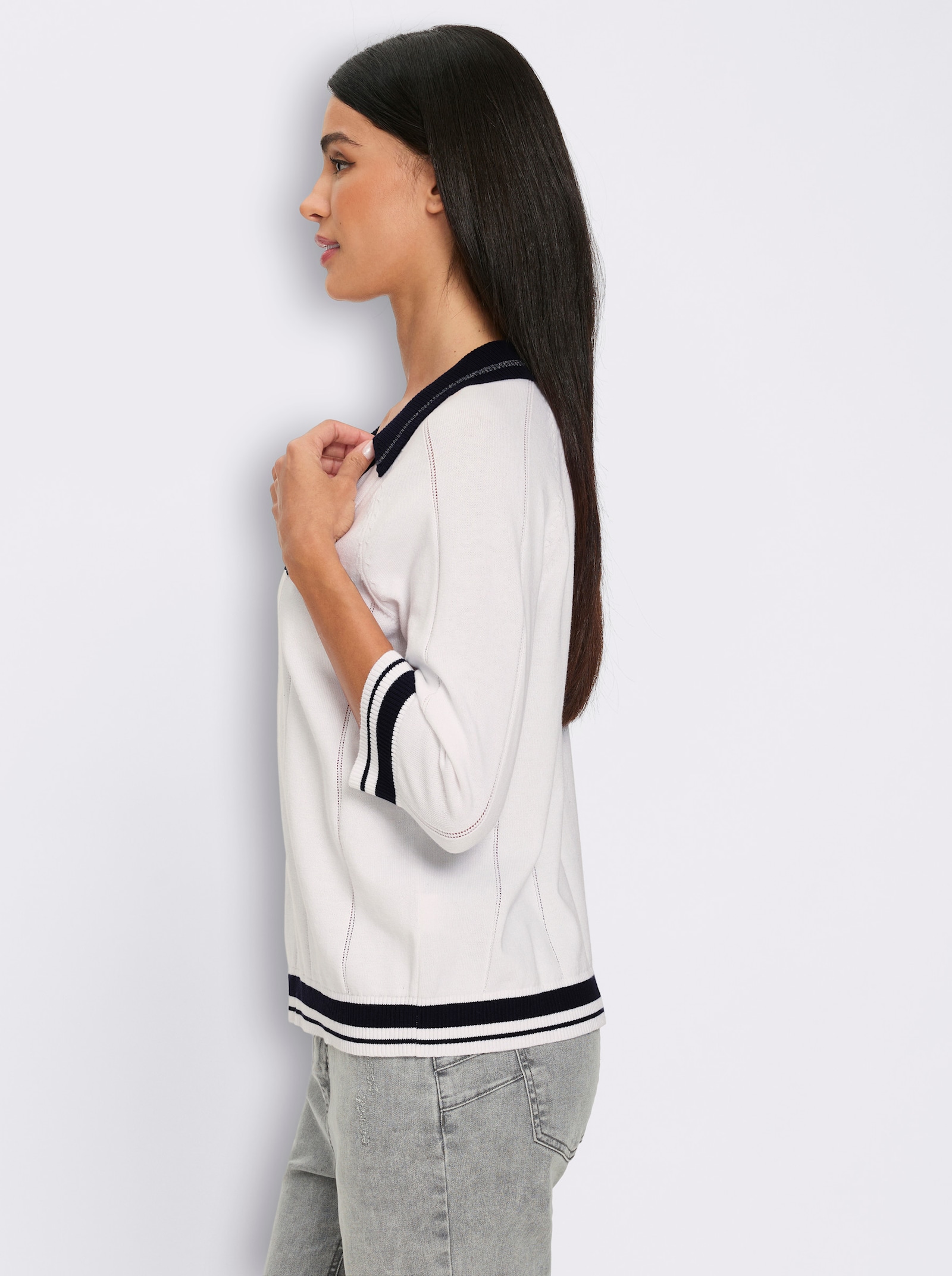 heine Polopullover mit Ajour-Streifen - ecru-marine