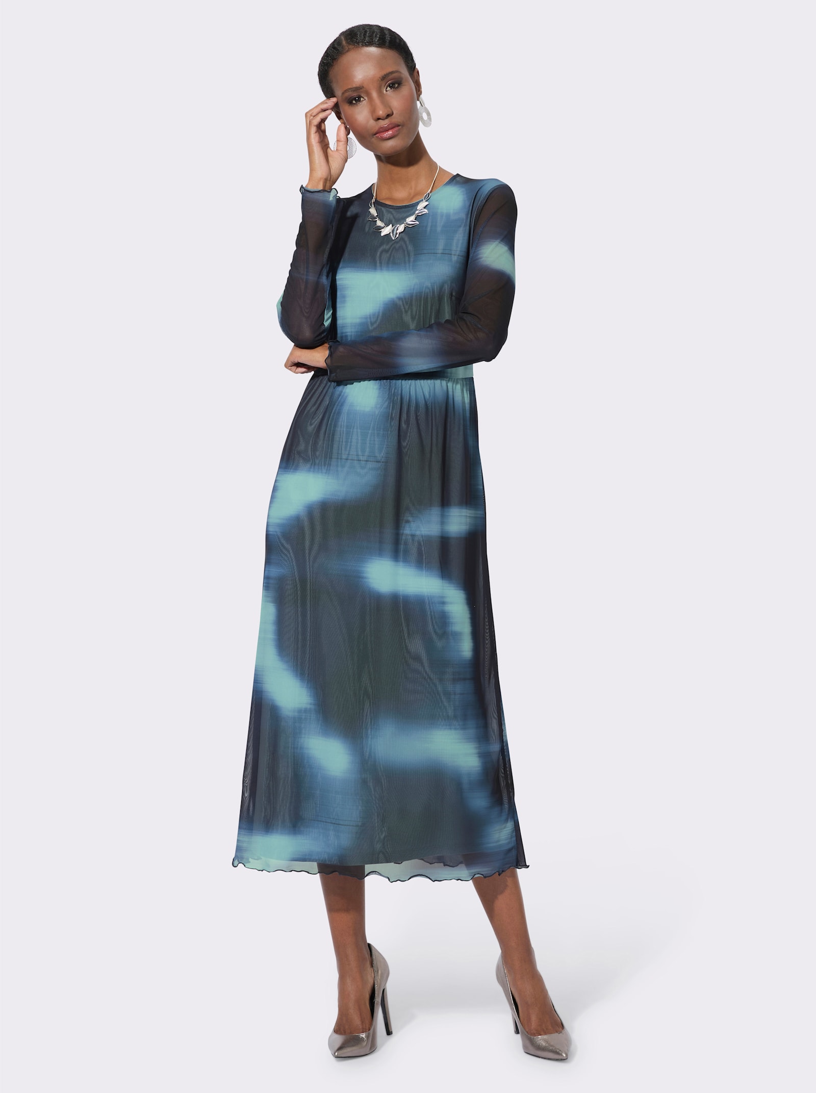 A-Linien-Kleid mit transparenten Ärmeln - marine-kalkmint-bedruckt
