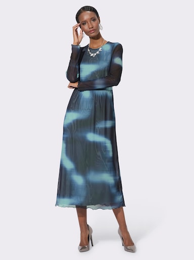 A-Linien-Kleid mit transparenten Ärmeln - marine-kalkmint-bedruckt