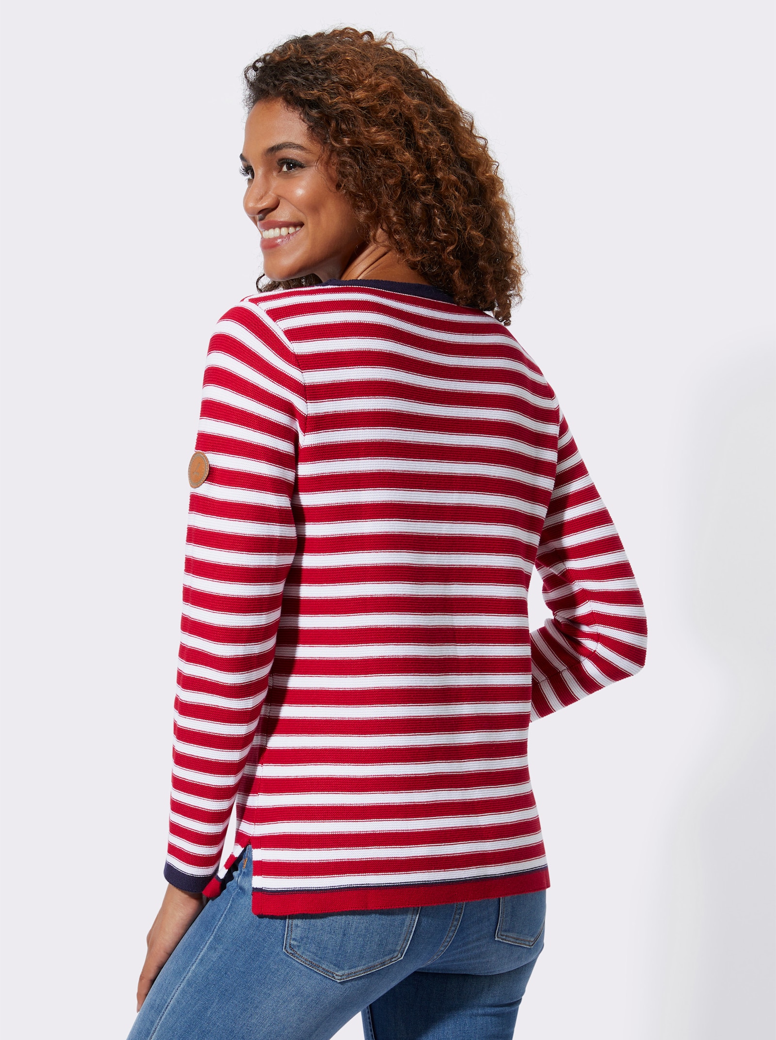 Svetr s kontrastními detaily, proužkovaný - červená-bílá-proužek