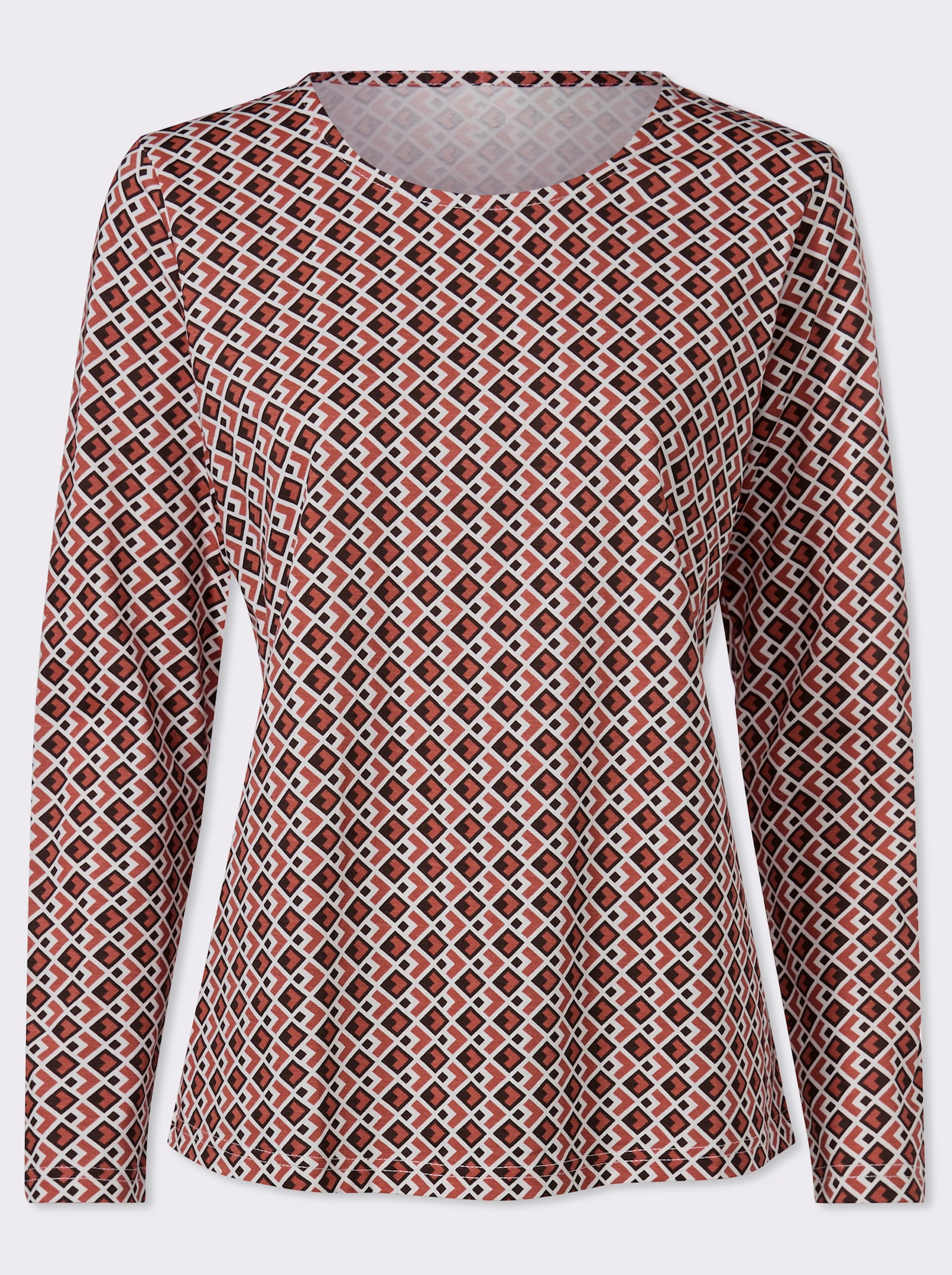 Shirt met lange mouwen en minimalistisch patroon, katoen - choco/roestrood bedrukt