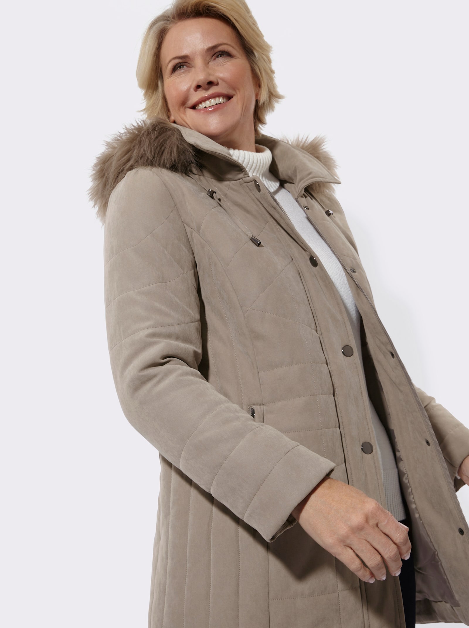 Kapuzenjacke Pelz-Imitat-Besatz - taupe