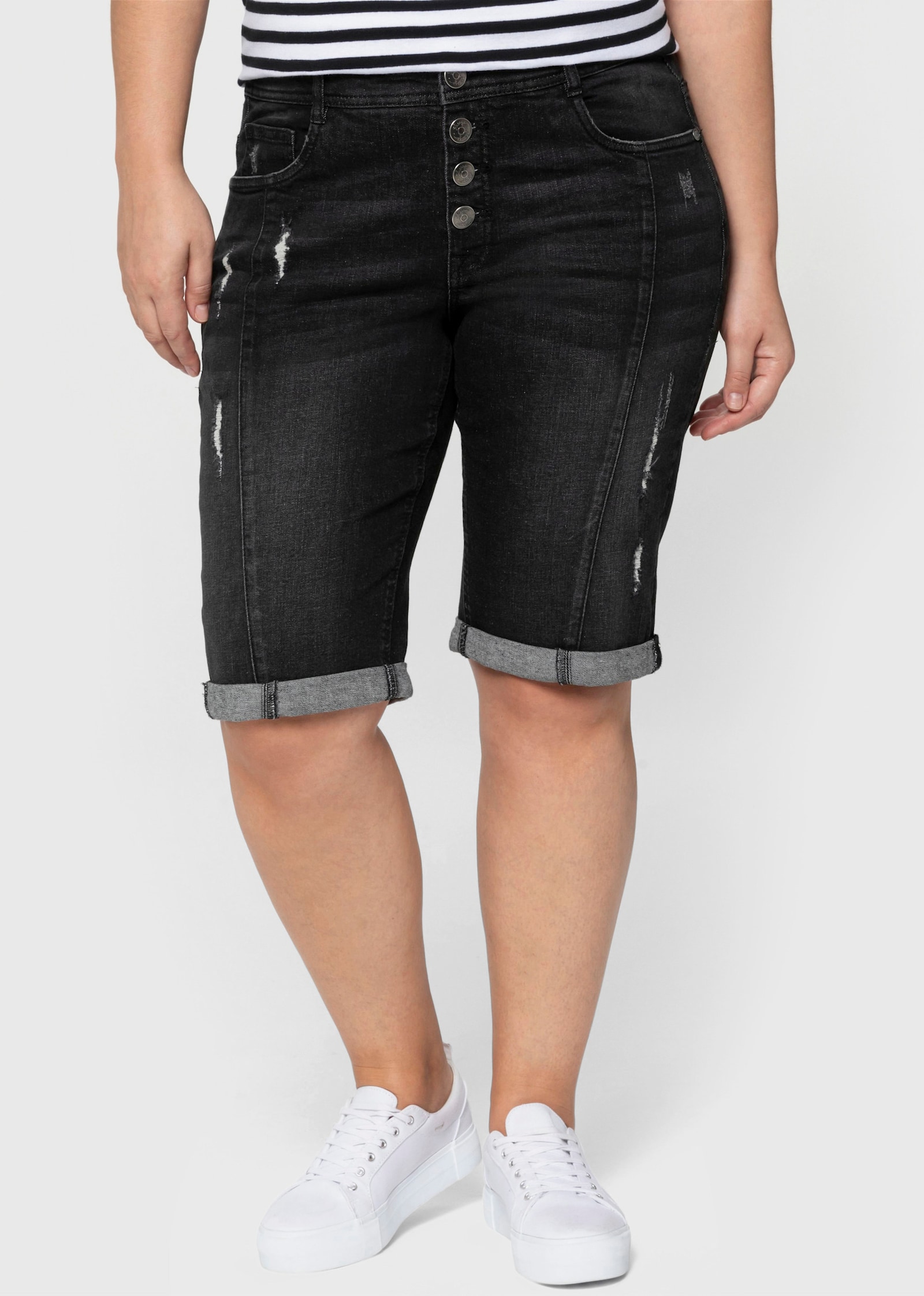 sheego Jeansbermudas mit Destroyed-Effekten - black used denim