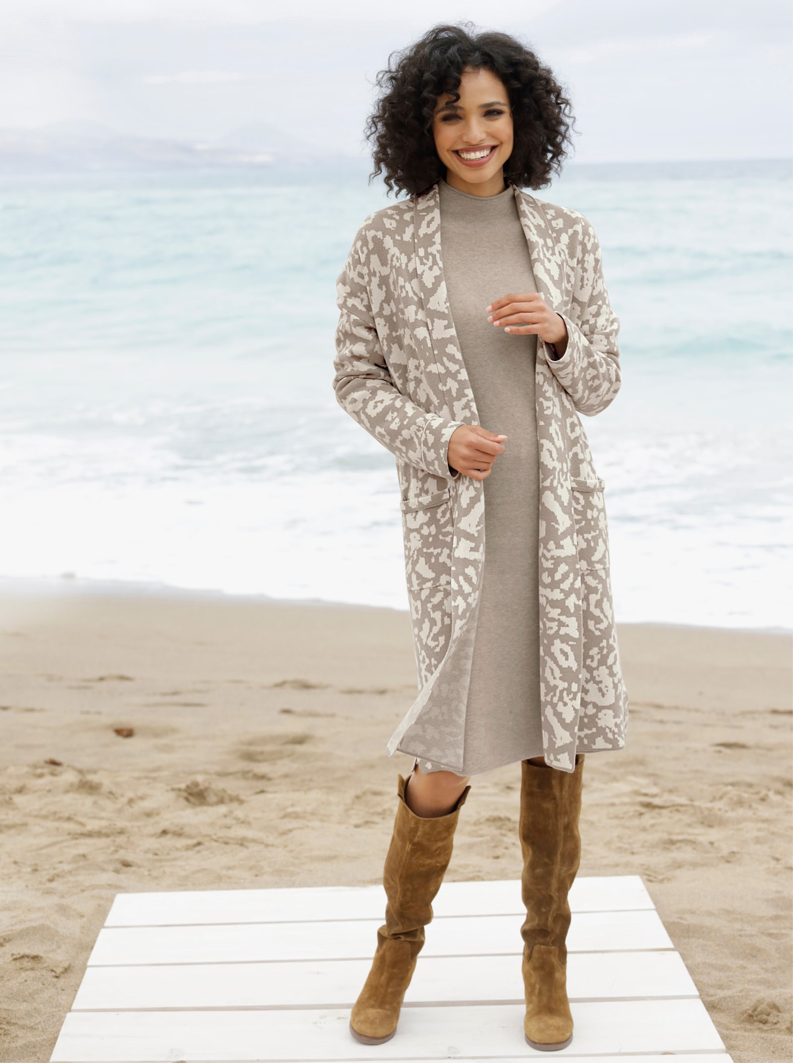 heine Veste en tricot jacquard avec col châle - sésame-couleur ivoire à motifs