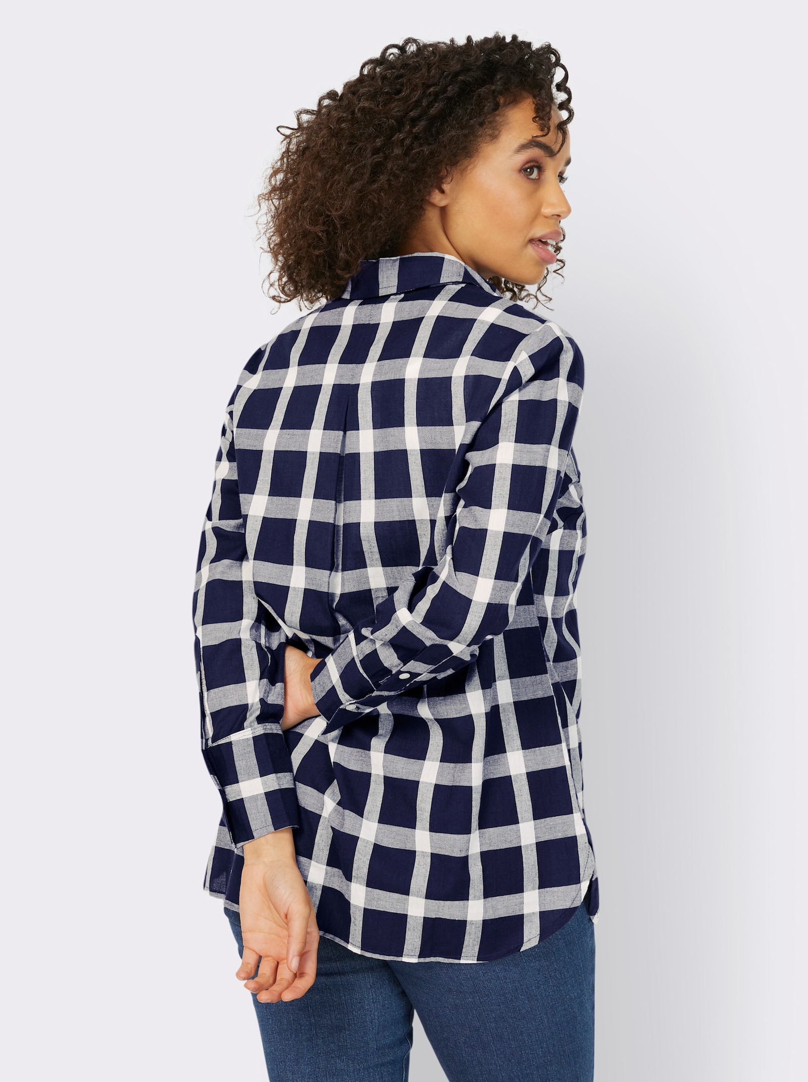 heine Hemdbluse mit abgerundetem Saum - marine-ecru-kariert