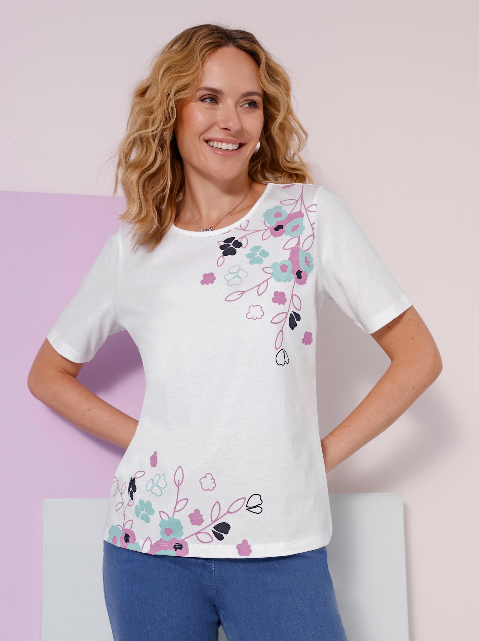 Kurzarmshirt aus reiner Baumwolle - weiss-orchidee