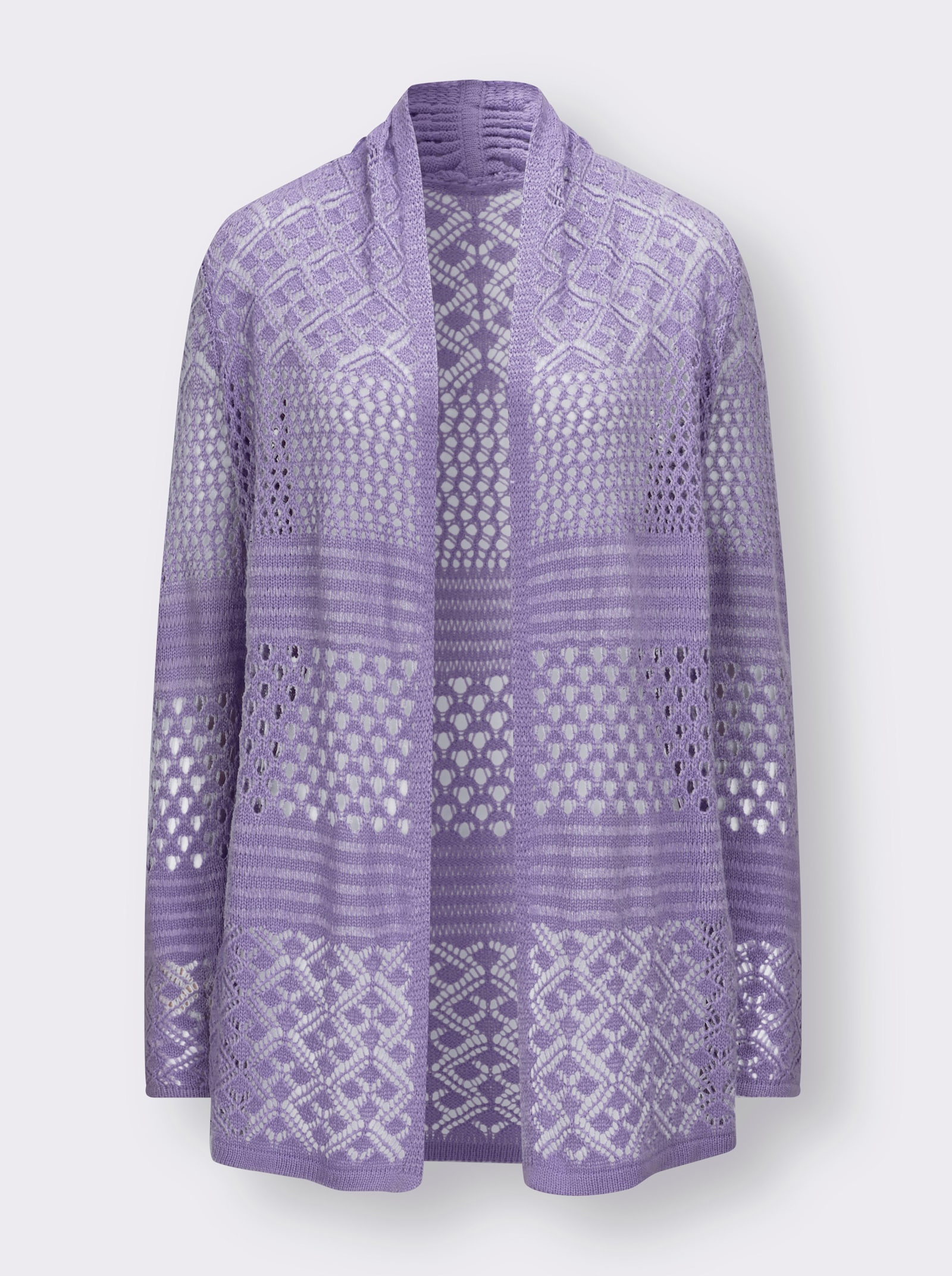 Hålstickad kofta i lång, öppen modell - lavendel