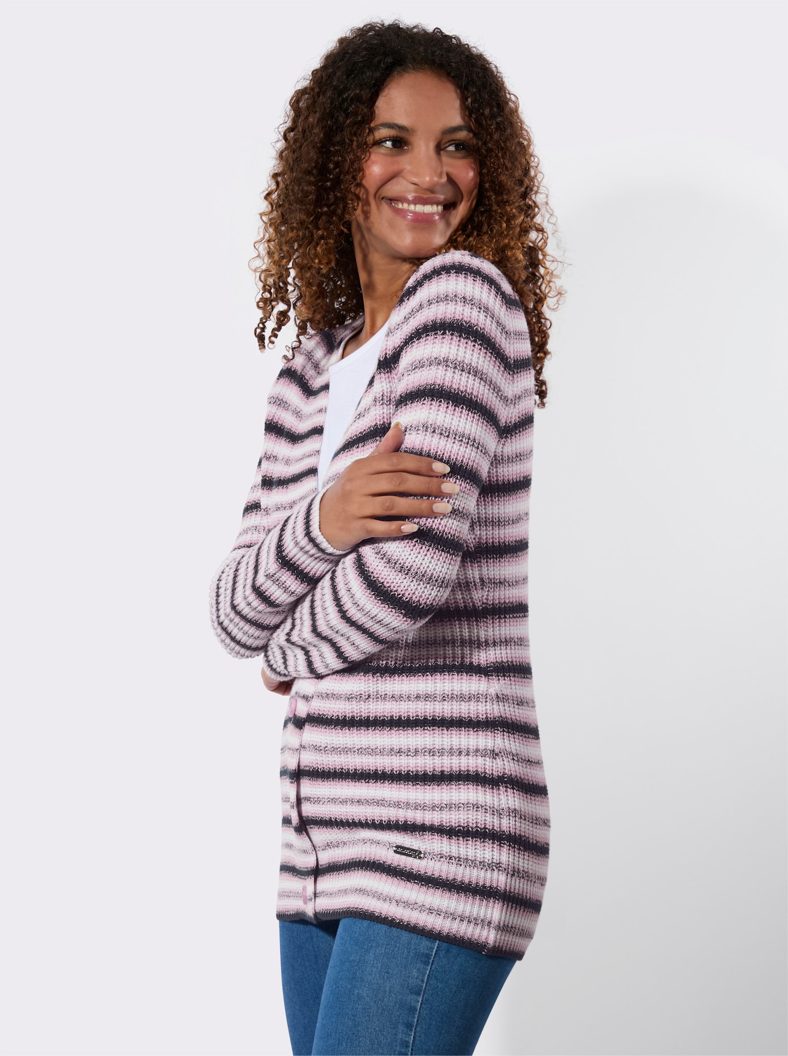 Strickjacke mit Ripp-Abschlüssen - rosé-weiss