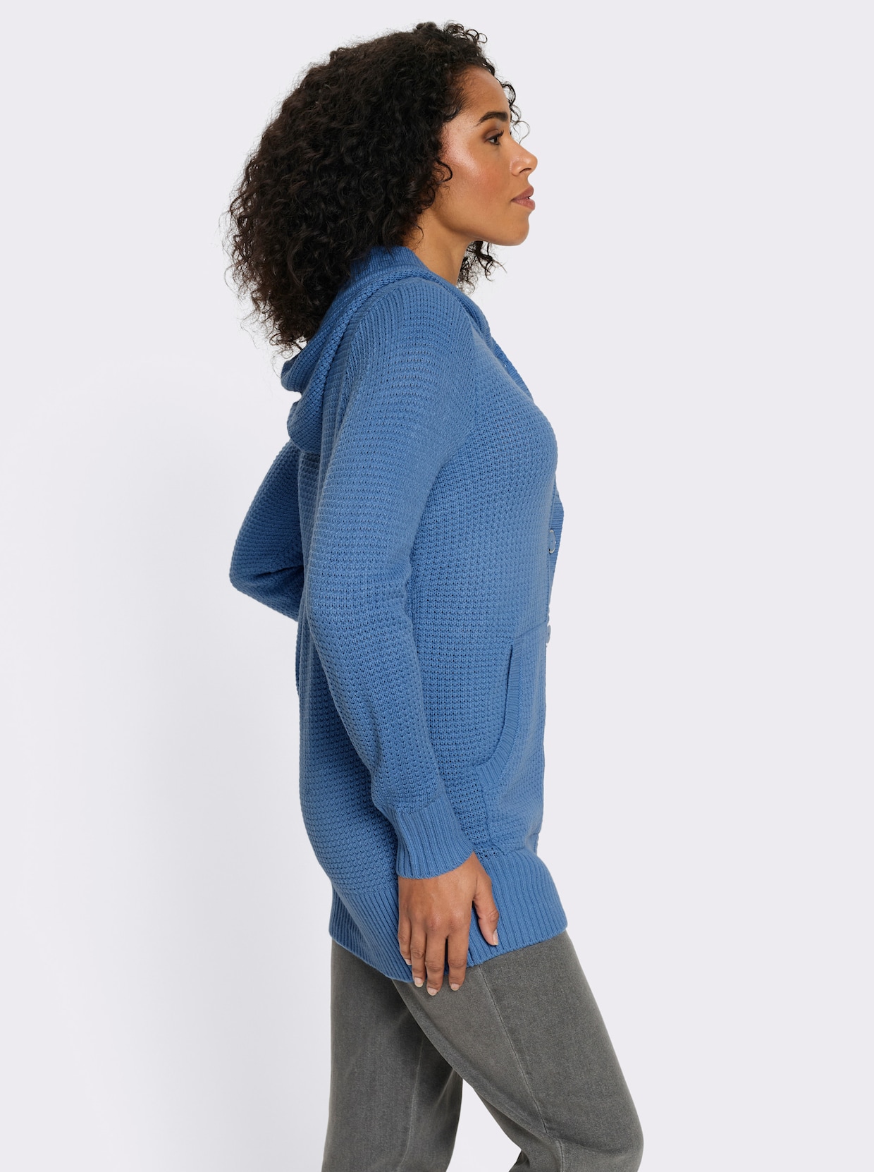 Kapuzenstrickjacke mit Känguru-Taschen - mittelblau