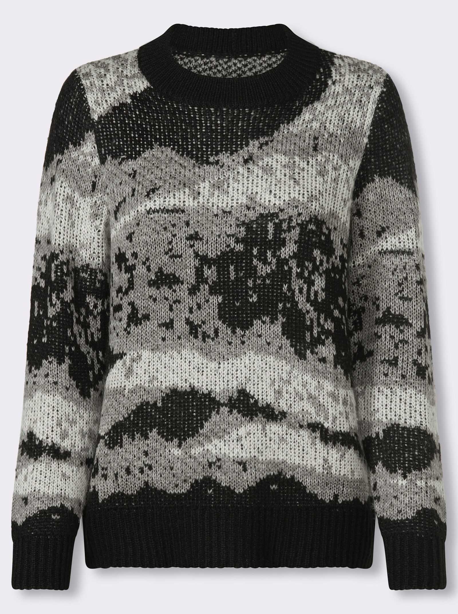 Jacquardpullover in flauschiger Qualität - schwarz-ecru-gemustert
