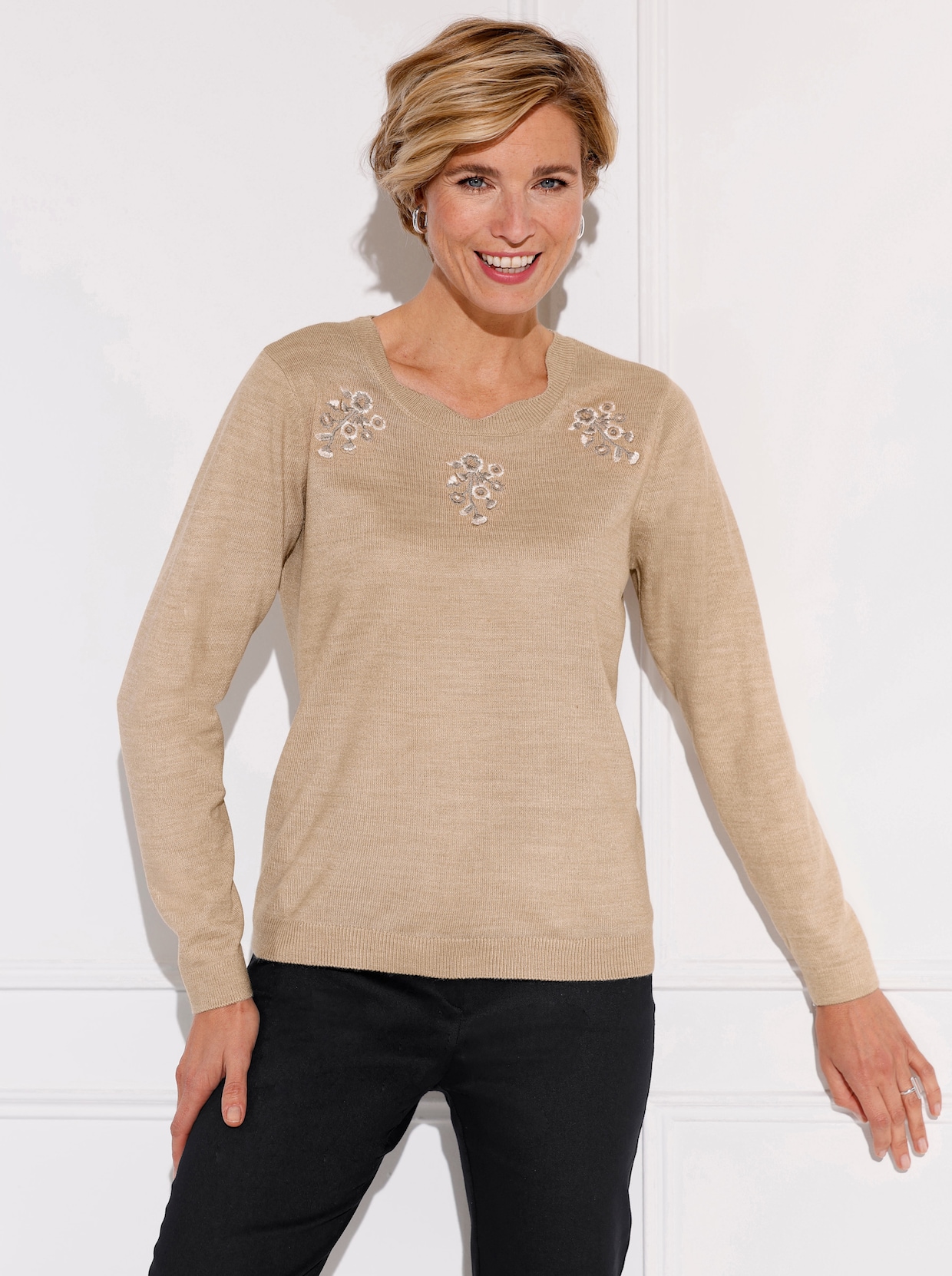 Feinstrickpullover - beige-meliert