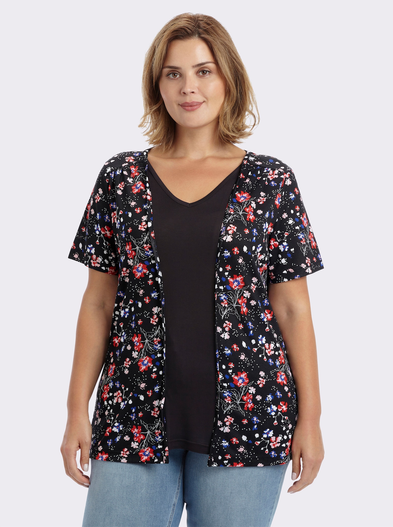 2-in-1-Shirt in längerer Form, reine Viskose - schwarz-erdbeere-bedruckt