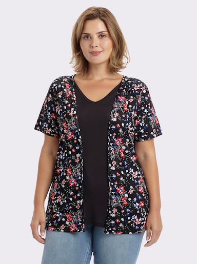 2-in-1-Shirt in längerer Form, reine Viskose - schwarz-erdbeere-bedruckt