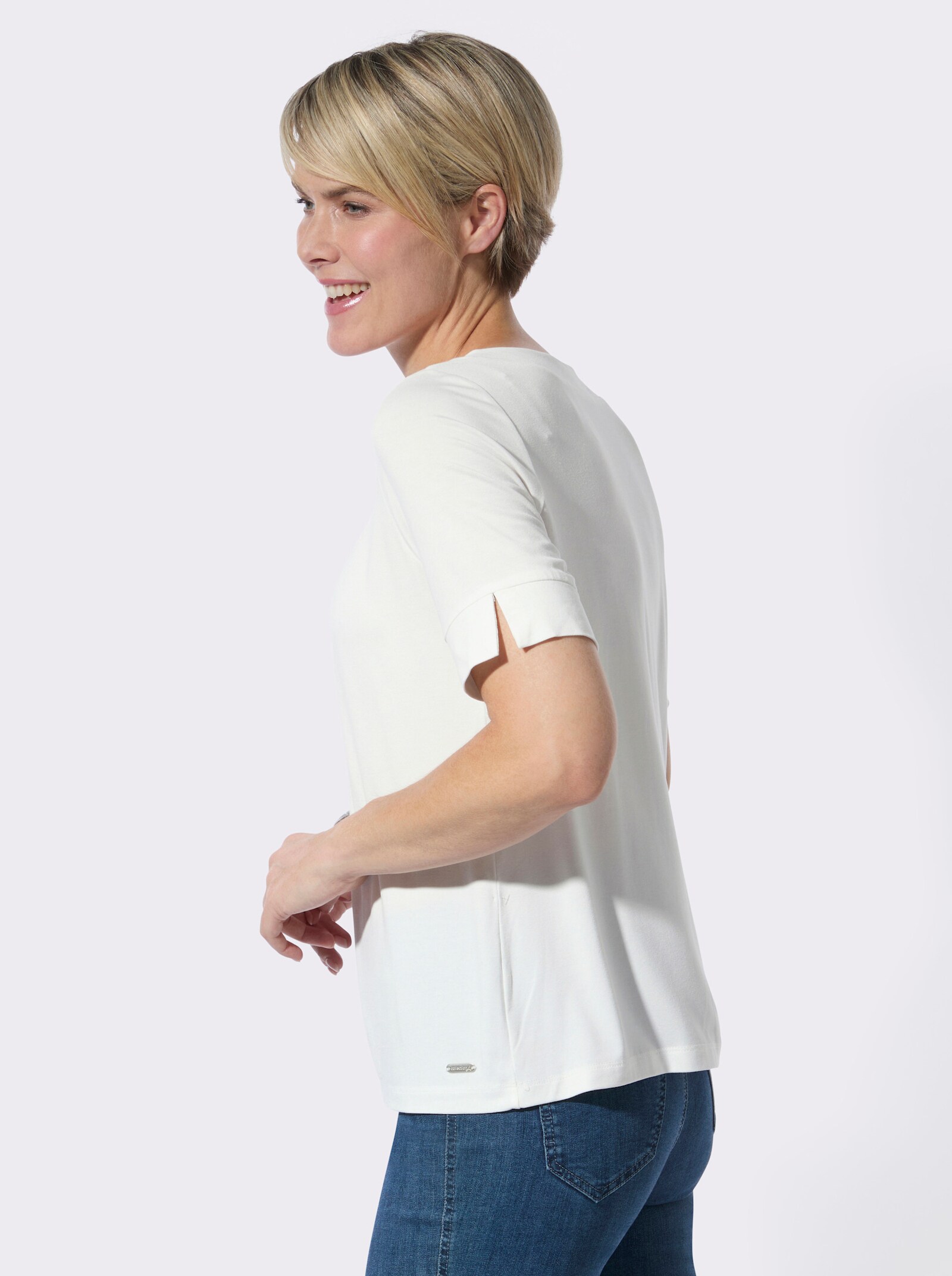 Rundhalsshirt mit dezenter Raffung - ecru
