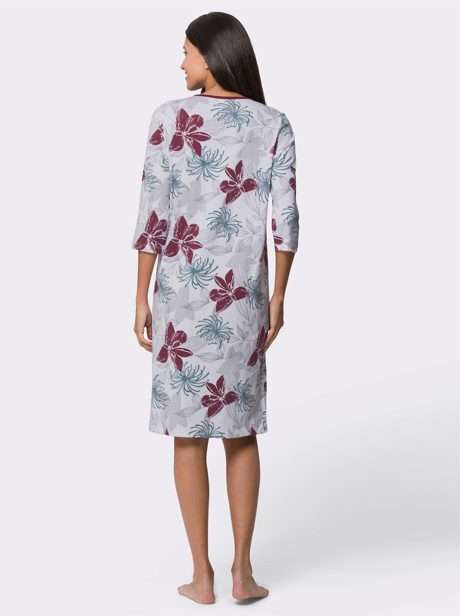 Nachthemd met afgeronde ronde hals - bordeaux/lichtgrijs bedrukt