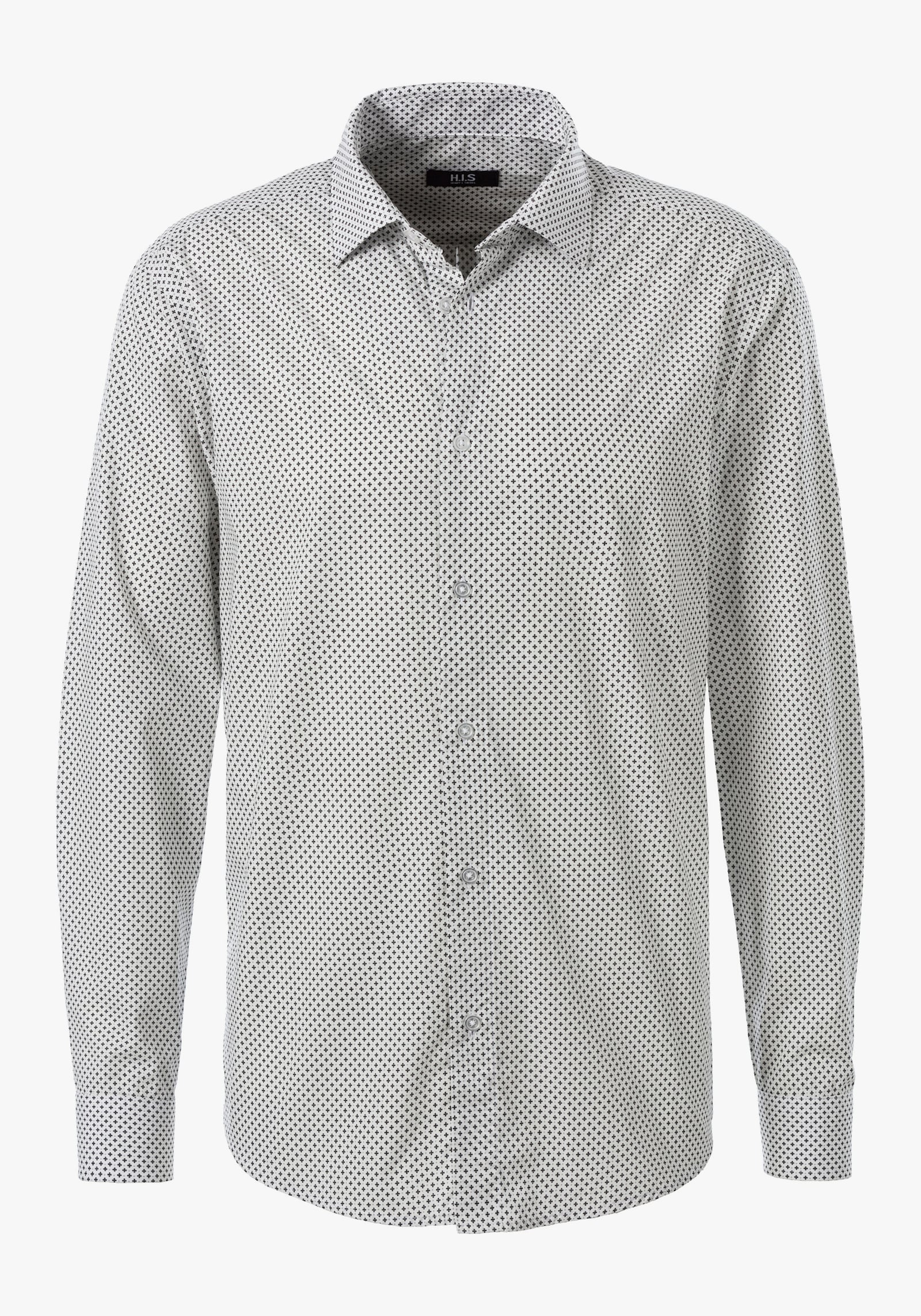 H.I.S Langarmhemd - weiß-anthrazit-bedruckt
