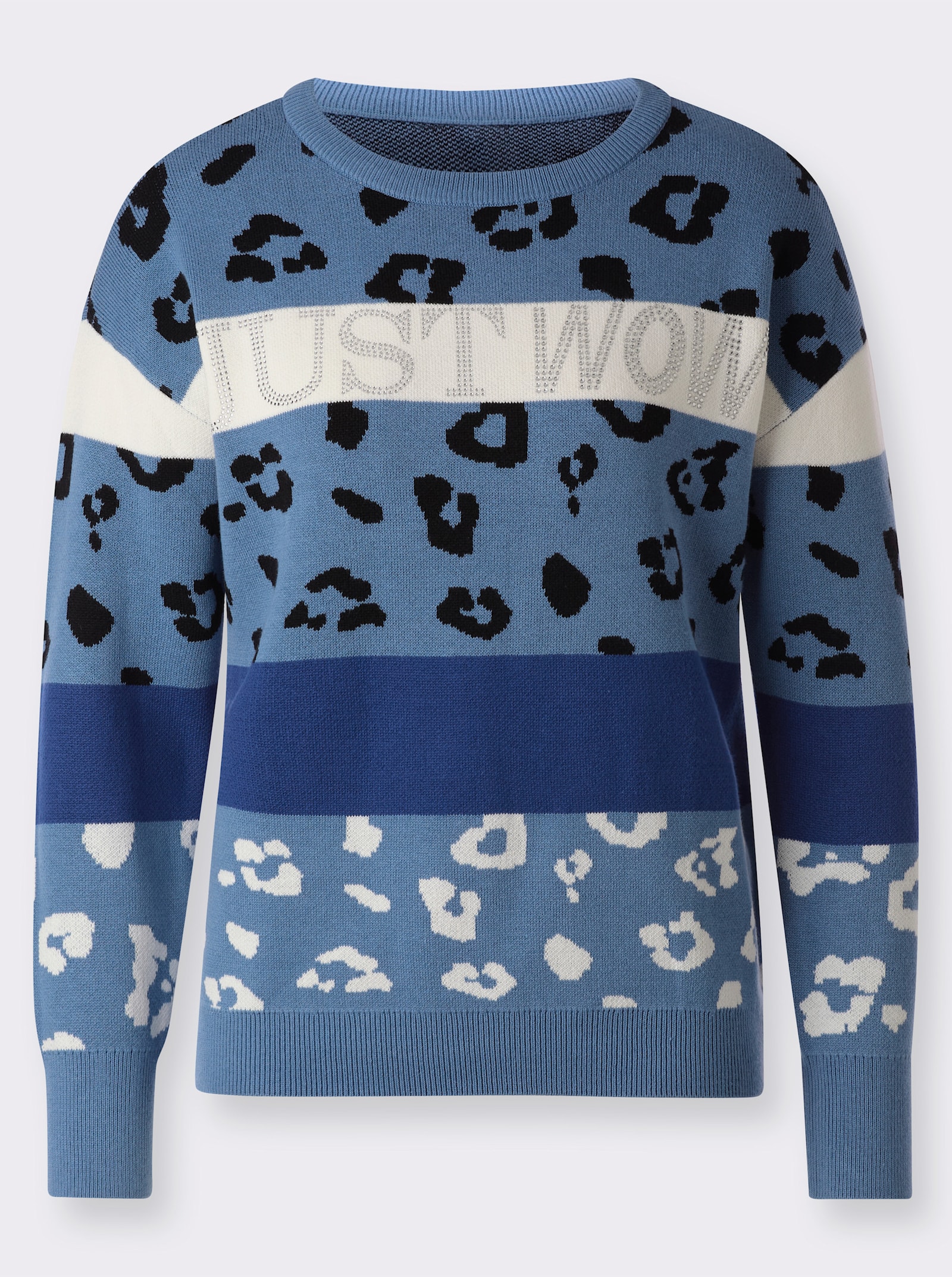 Pullover mit Glitzersteinchen-Schriftzug - mittelblau-royalblau-gemustert