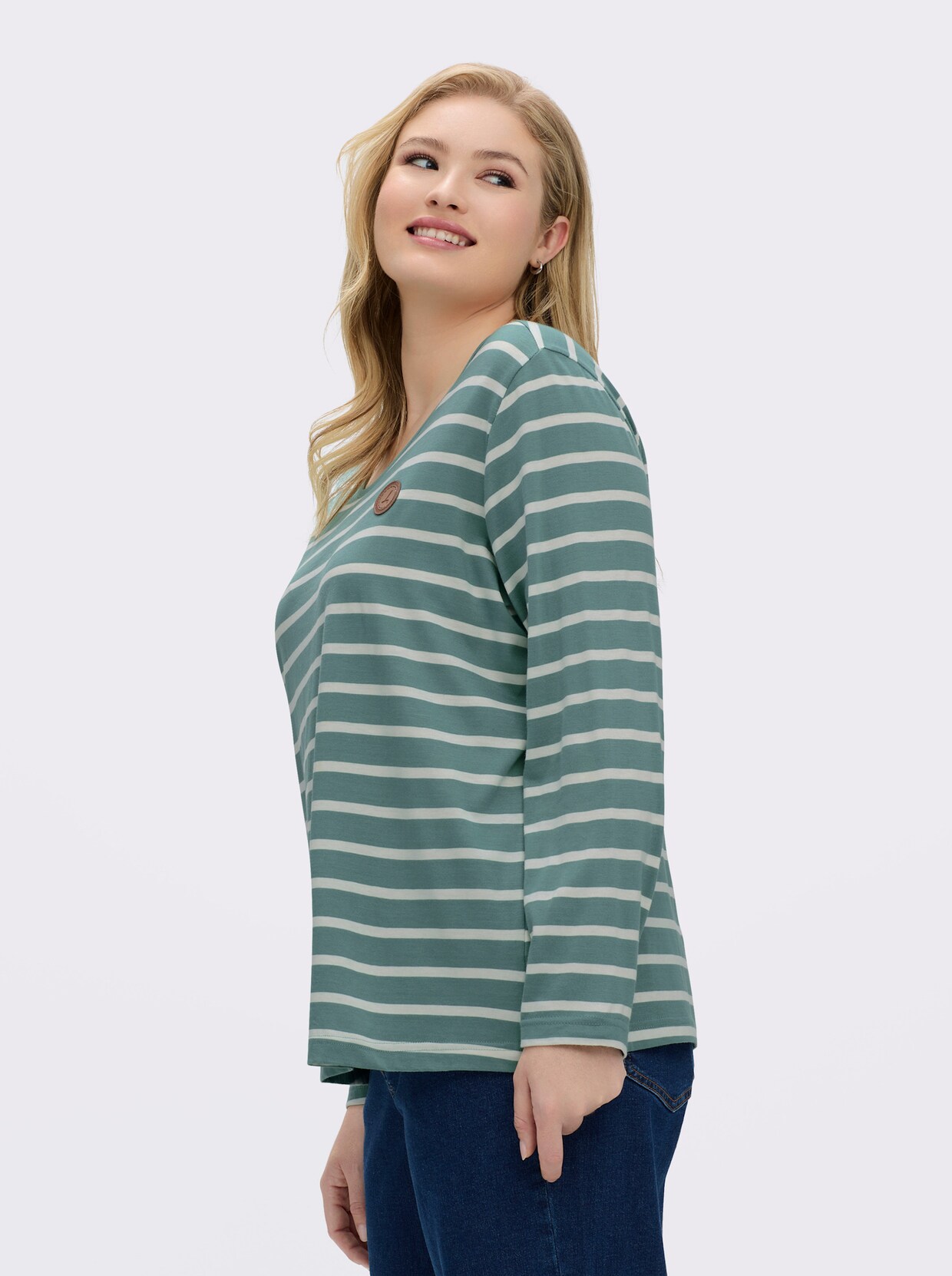 Ringelshirt mit Lederimitat-Patches - jade-ecru-gestreift