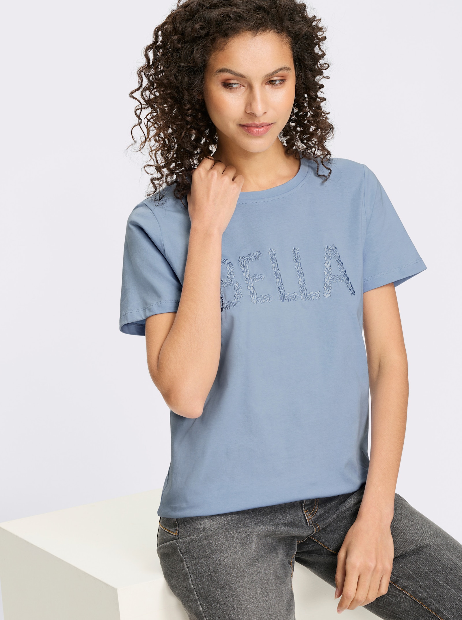 heine Kurzarmshirt mit gesticktem Schriftzug - eisblau