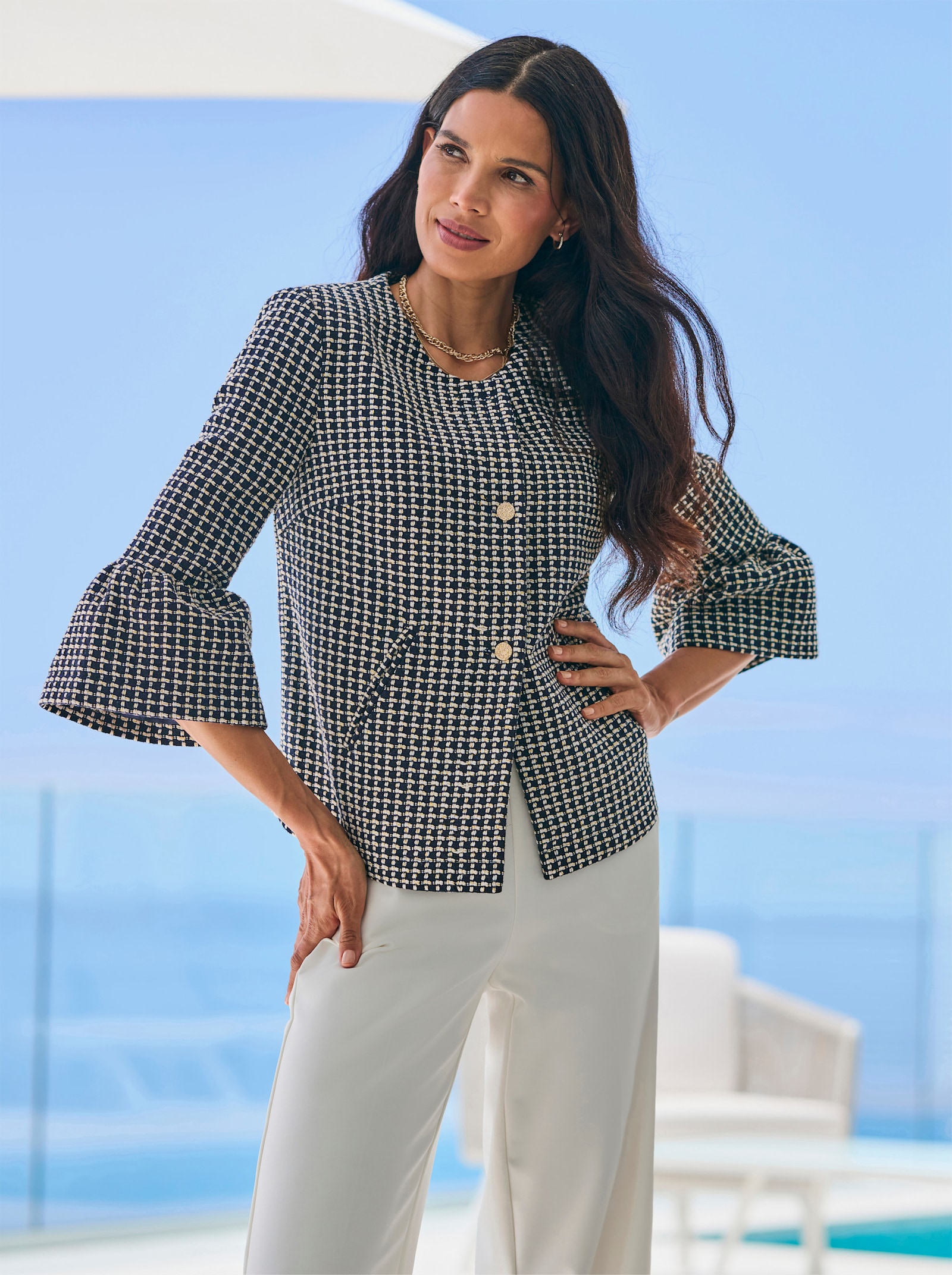 heine Bouclé-Blazer mit Volant-Ärmeln - marine-ecru-gemustert