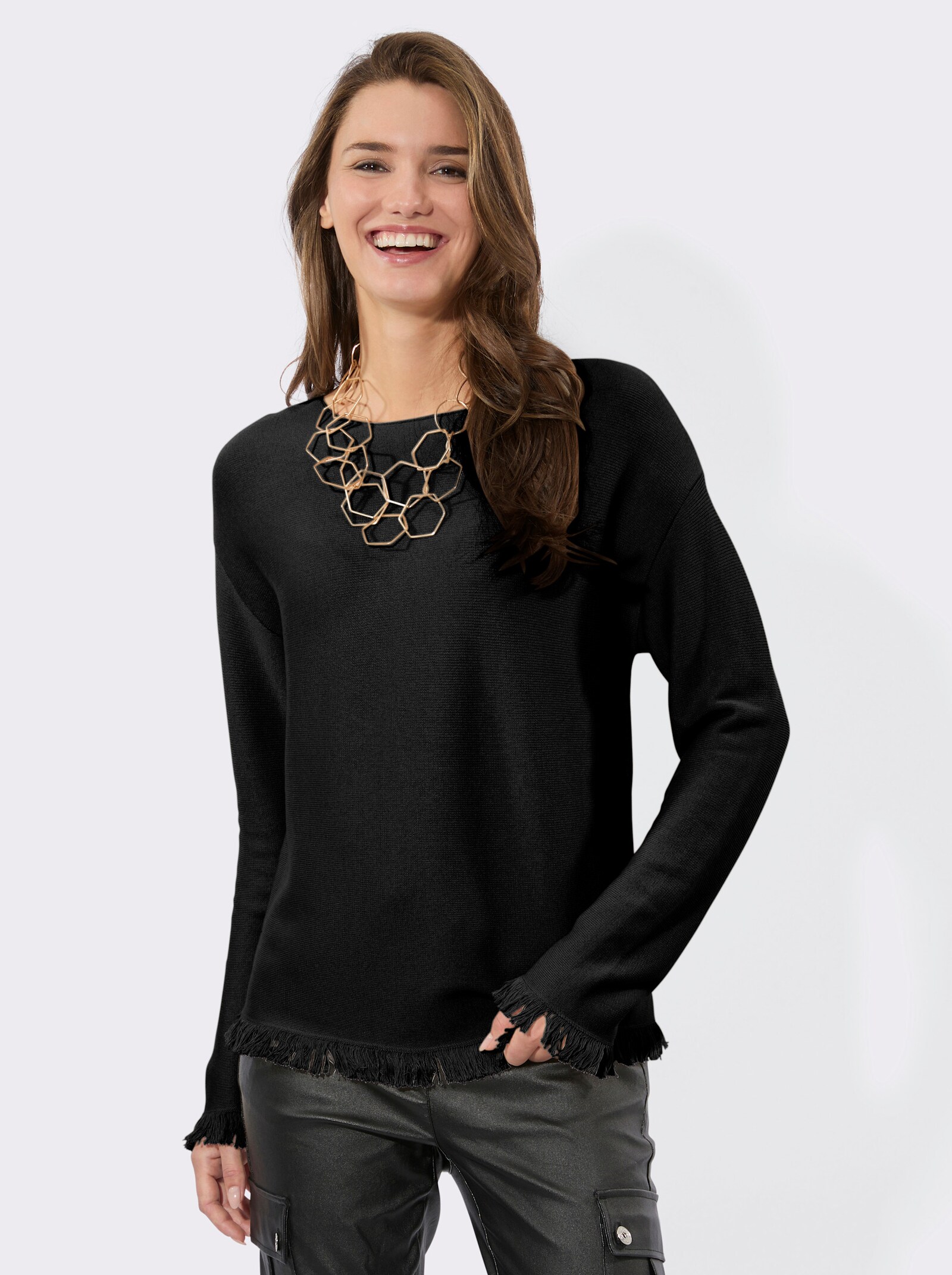 Langarm-Pullover mit Fransen-Abschlüssen - schwarz