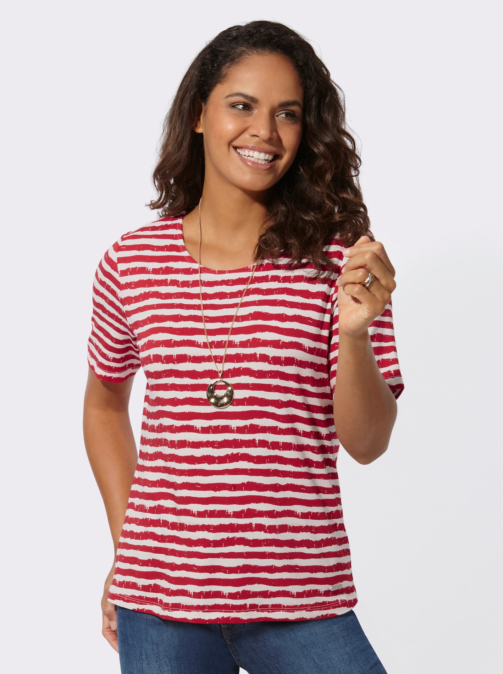 Ringelshirt mit kurzen Ärmeln - rot-ecru-geringelt