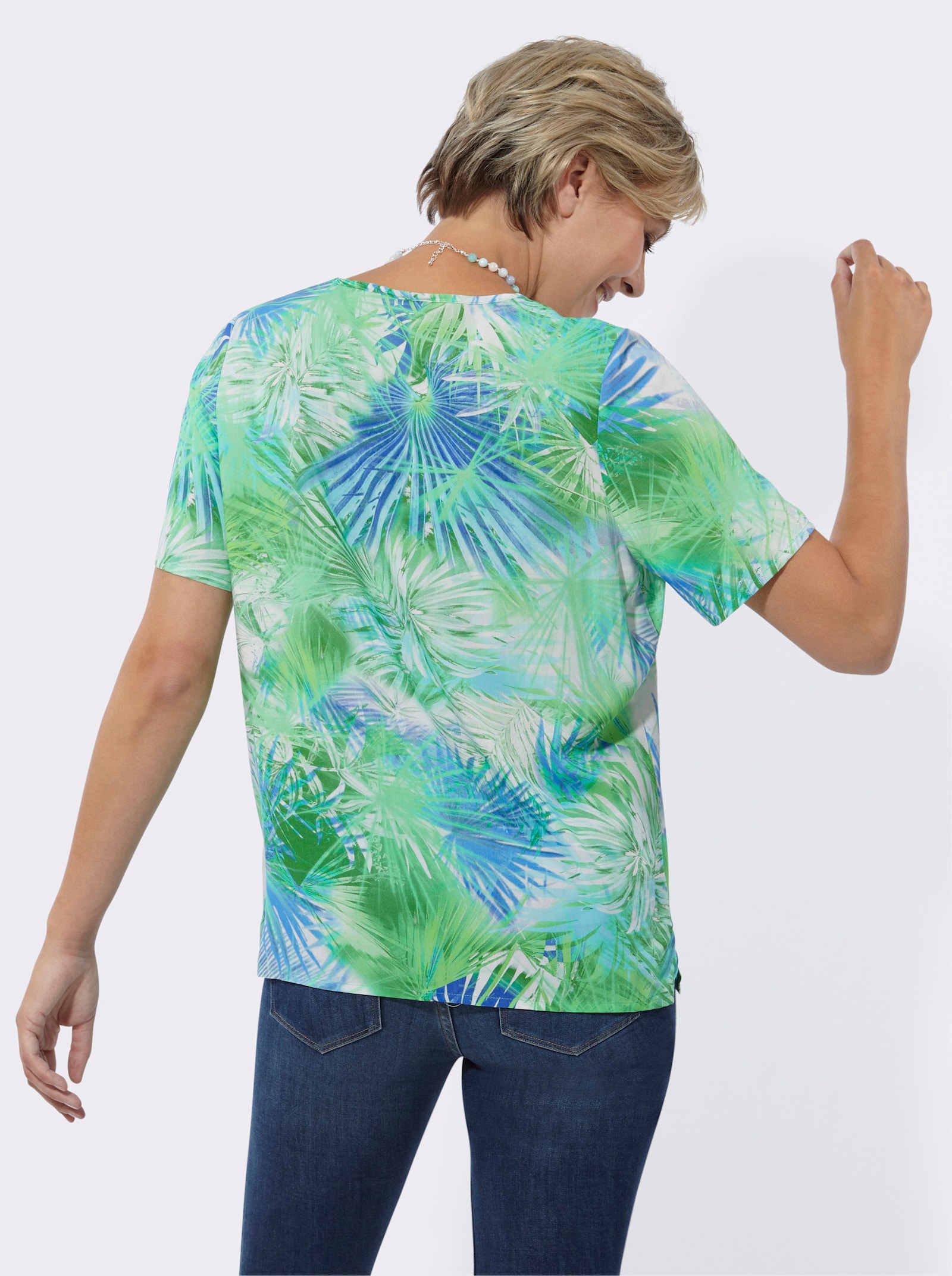 Schlupfbluse mit Kellerfalte - apfel-mittelblau-bedruckt