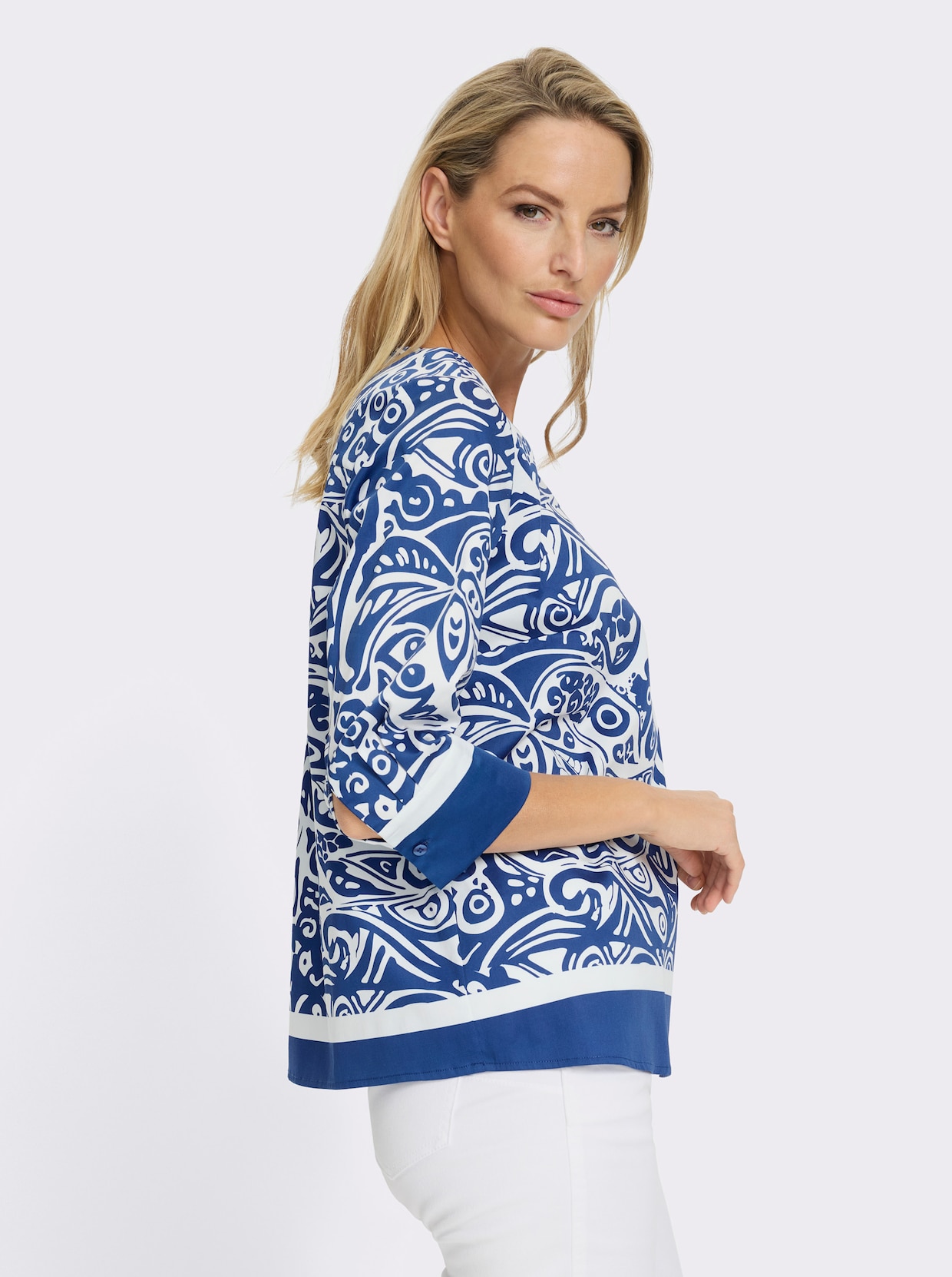 heine Druckbluse - royalblau-ecru-bedruckt