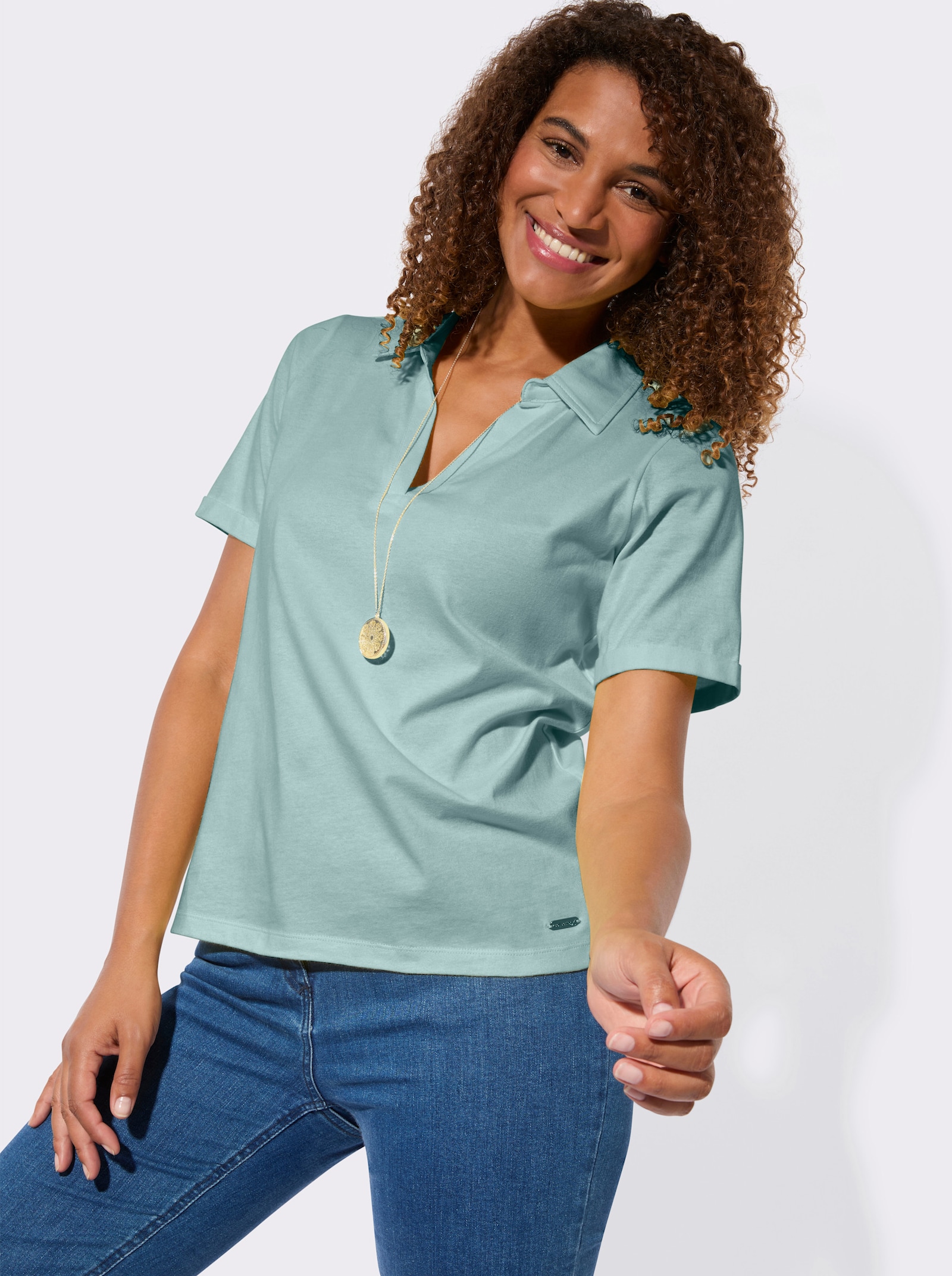 Kurzarmshirt mit Polokragen - kalkmint