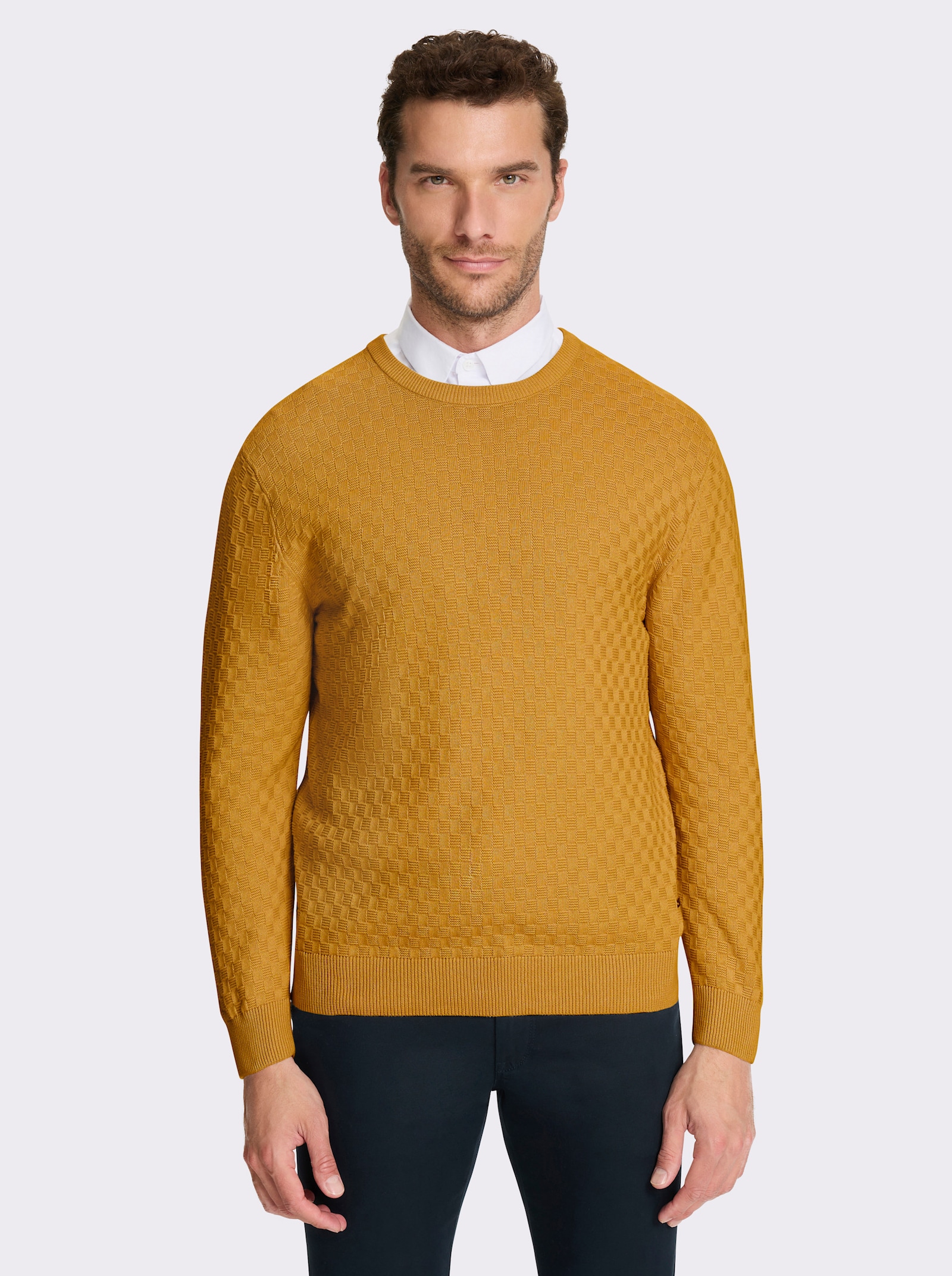 Marco Donati Rundhalspullover im Schachbrett-Muster rundum - ocker
