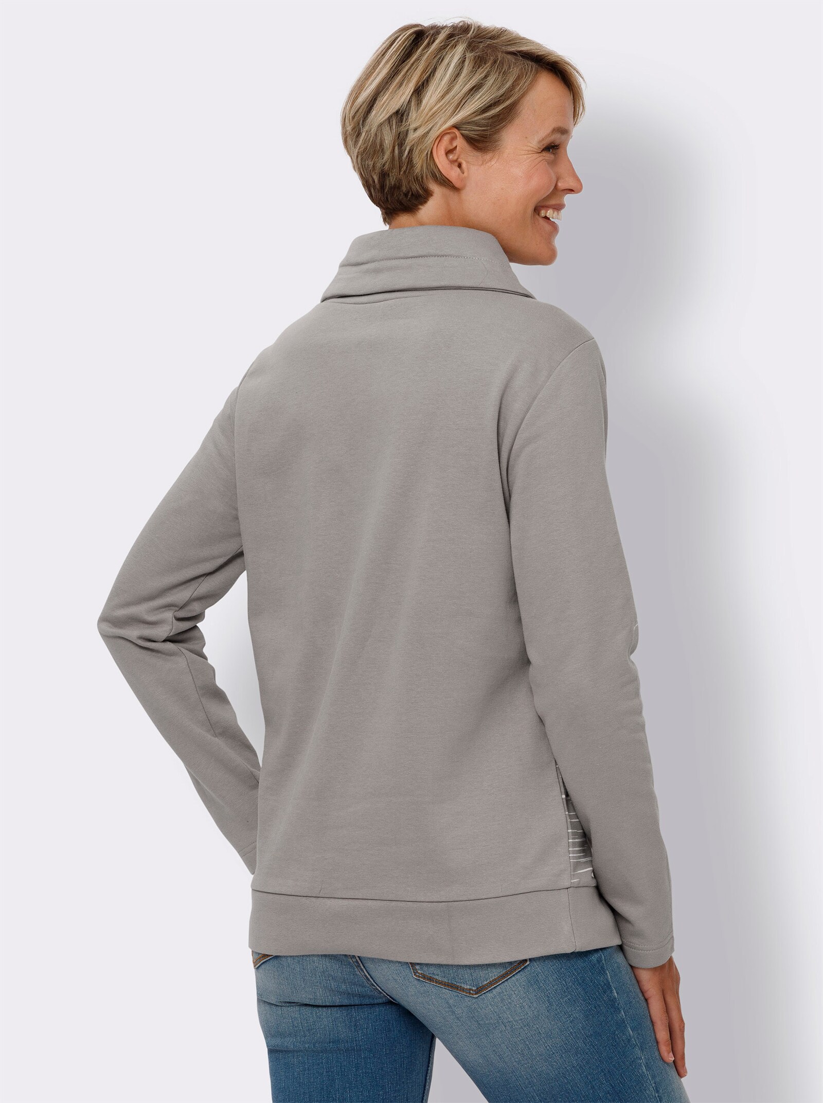 Sweatshirt med polokrage - stengrå-ecru-med tryck