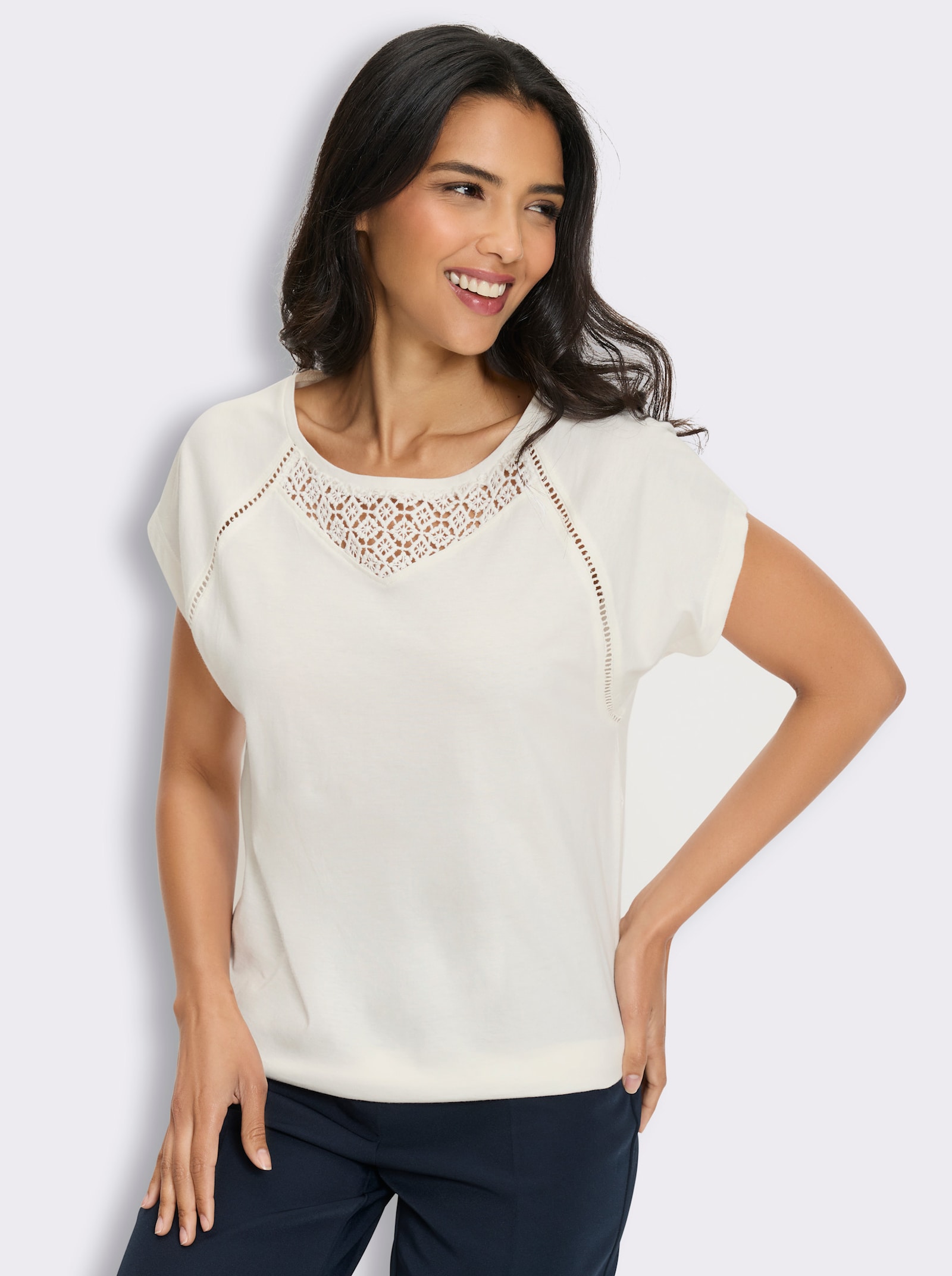 3/4-Arm-Shirt mit Spitzeneinsatz - ecru