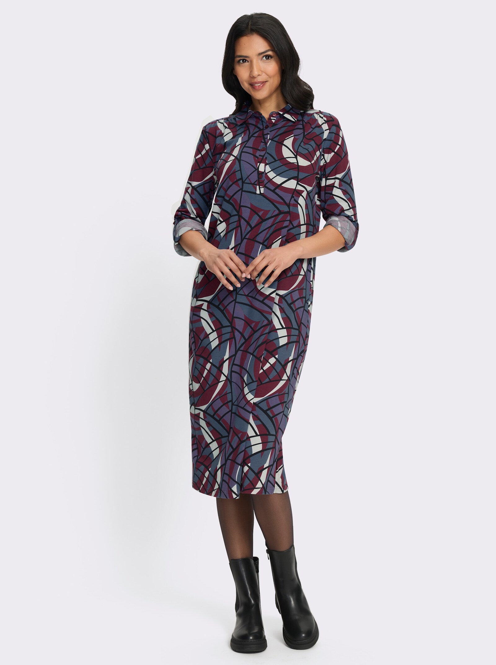 Polokleid im Baumwoll-Mix - bordeaux-rauchblau-bedruckt