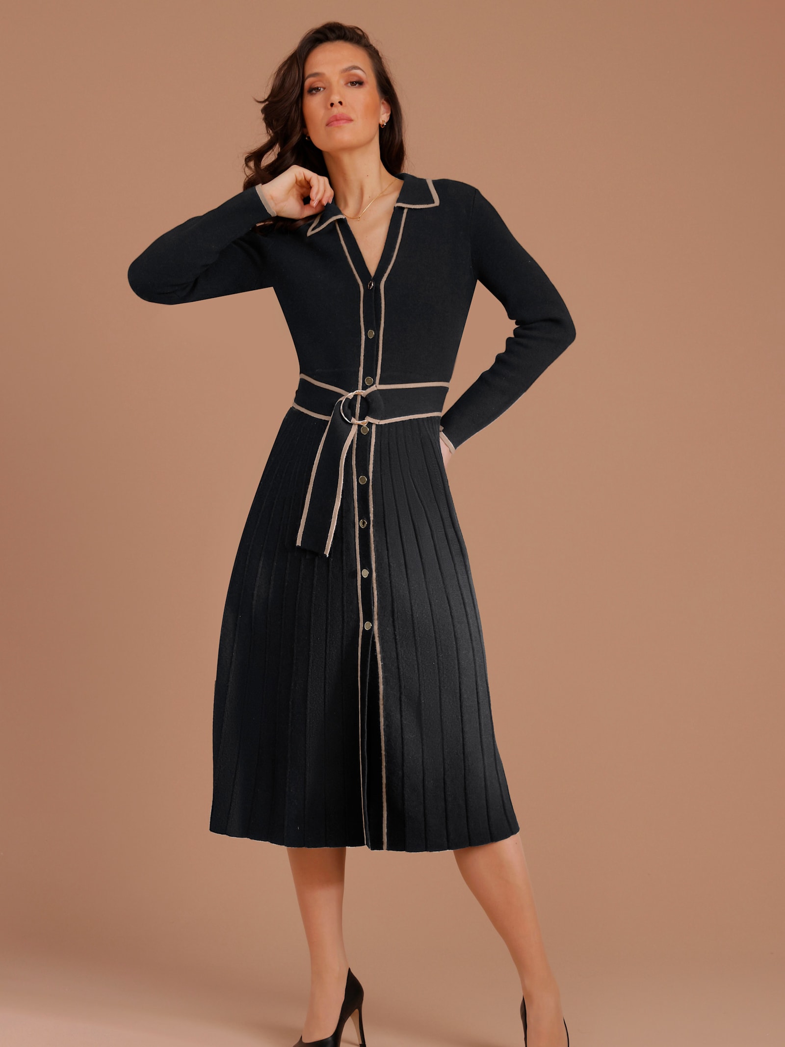 CREATION L PREMIUM Strickkleid inklusive Bindegürtel - schwarz-camel