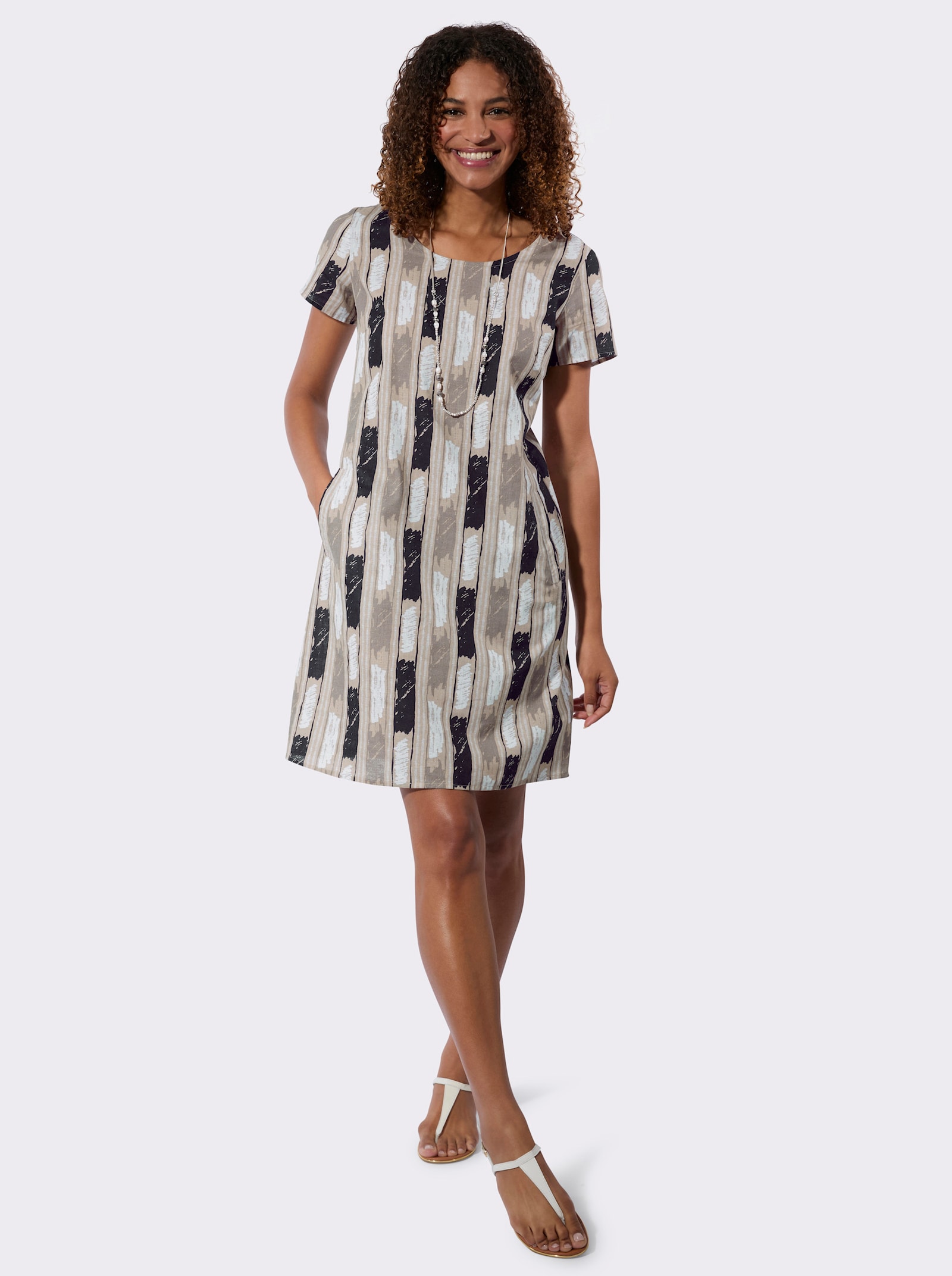 Druckkleid mit seitlichen Taschen - taupe-ecru
