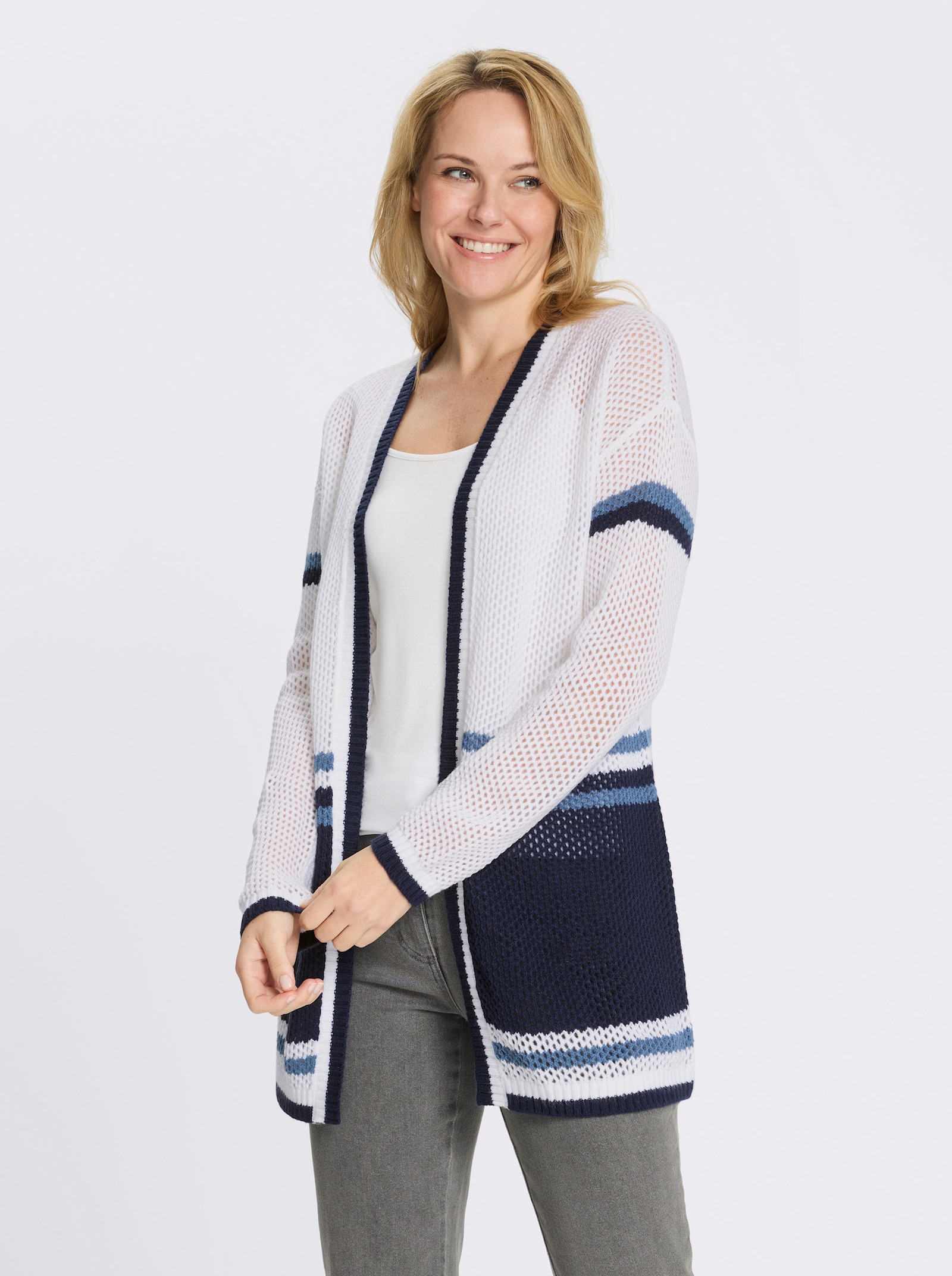 Ajourstrickjacke in offener Longform - weiss-marine-gestreift