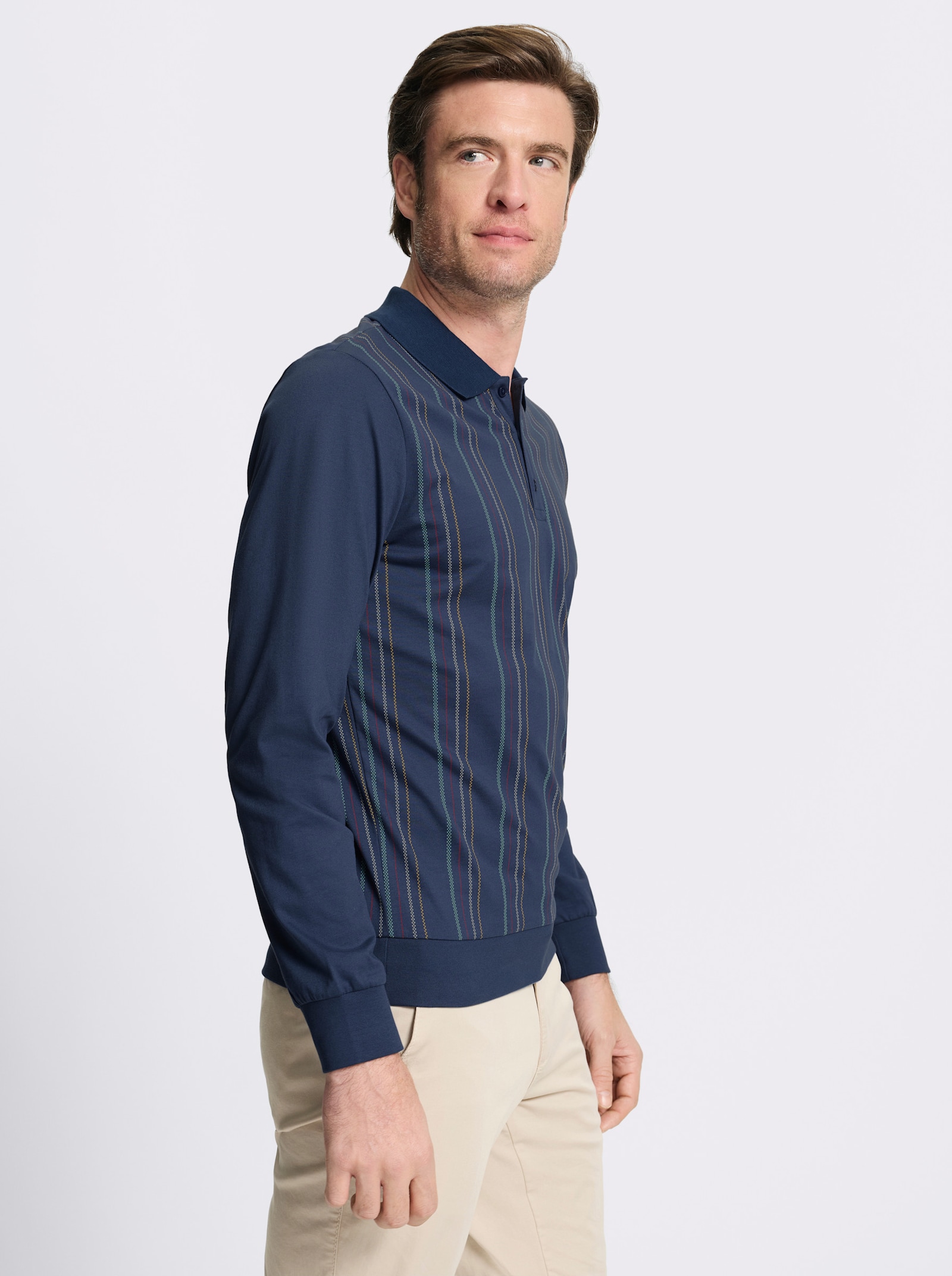 Marco Donati Langarm-Poloshirt mit Knopfleiste - dunkelblau-gestreift