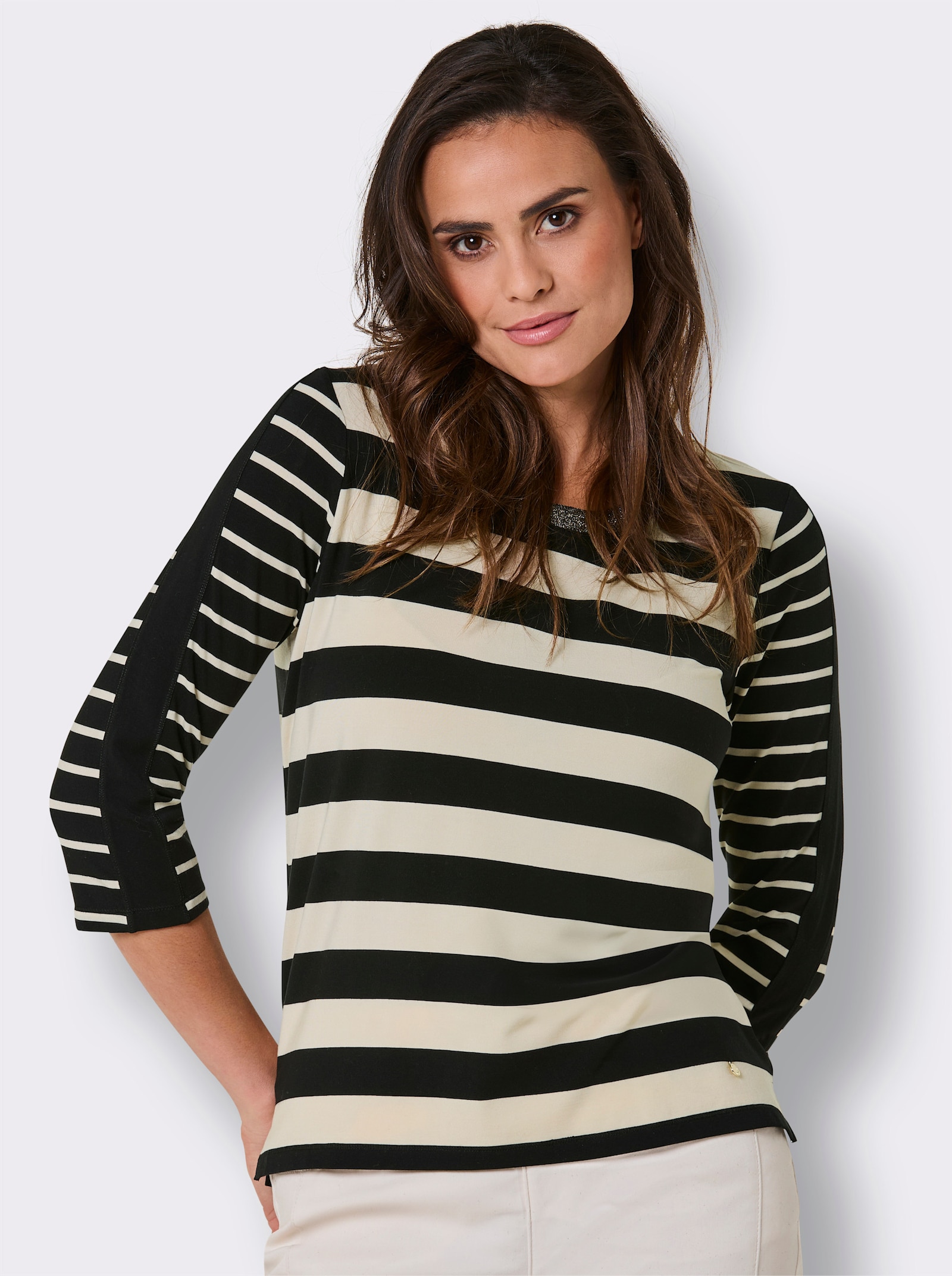 CREATION L PREMIUM Ringelshirt mit Glanzgarn - schwarz-elfenbein-gestreift