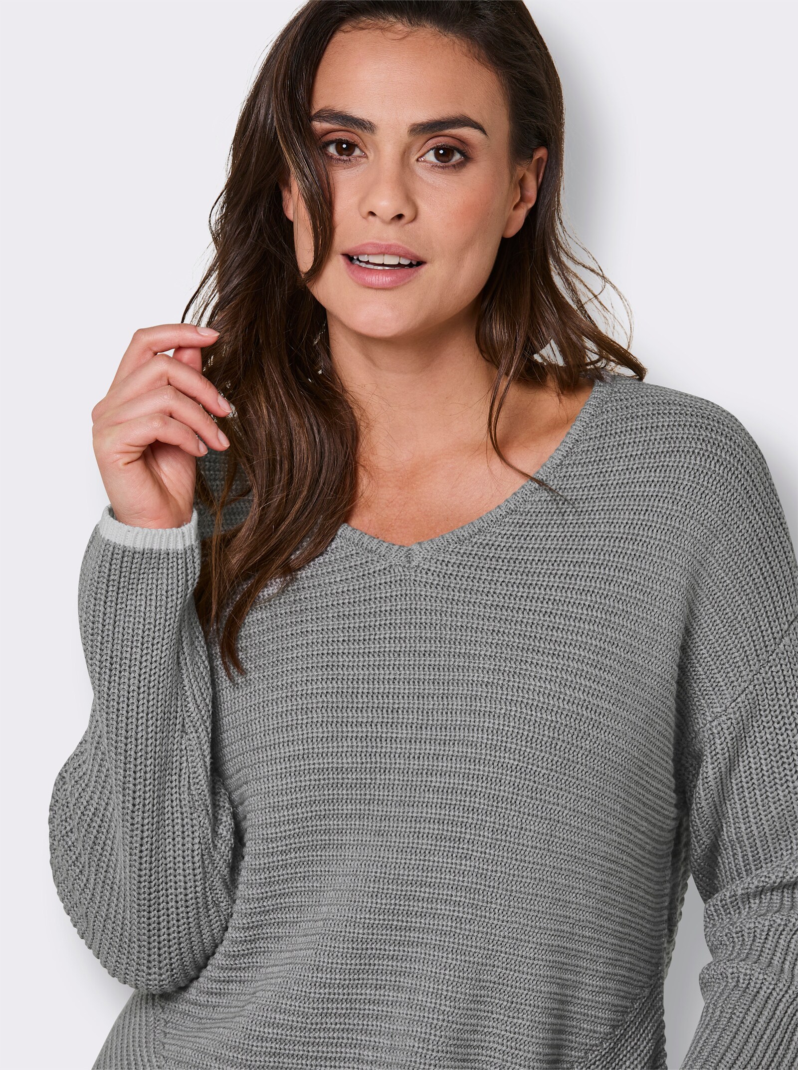 CREATION L PREMIUM Langarm-Pullover mit Kontrastkanten - steingrau-meliert