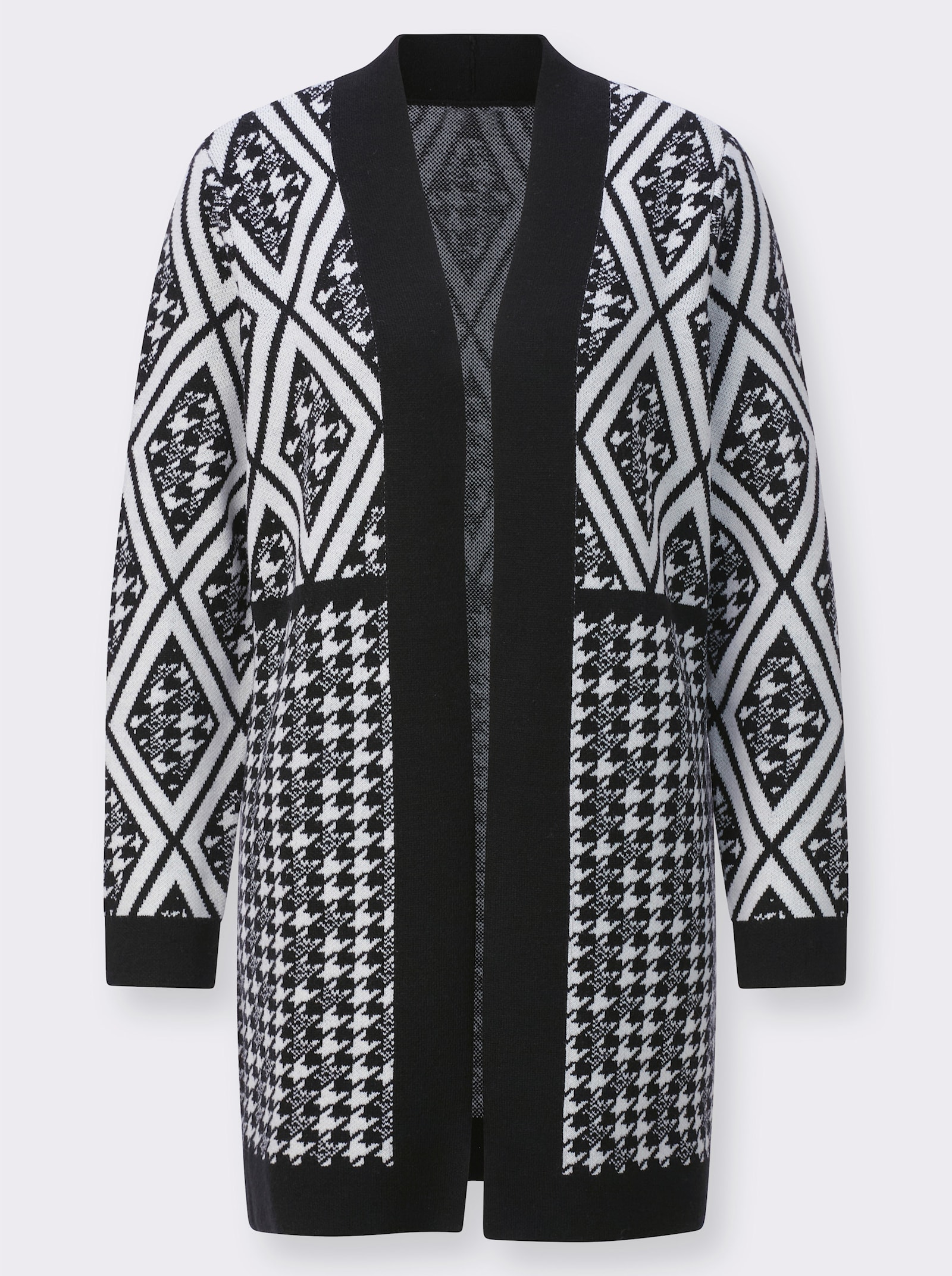 Ajourstrickjacke im wertigen Garn-Mix mit Schurwolle - schwarz-ecru-gemustert