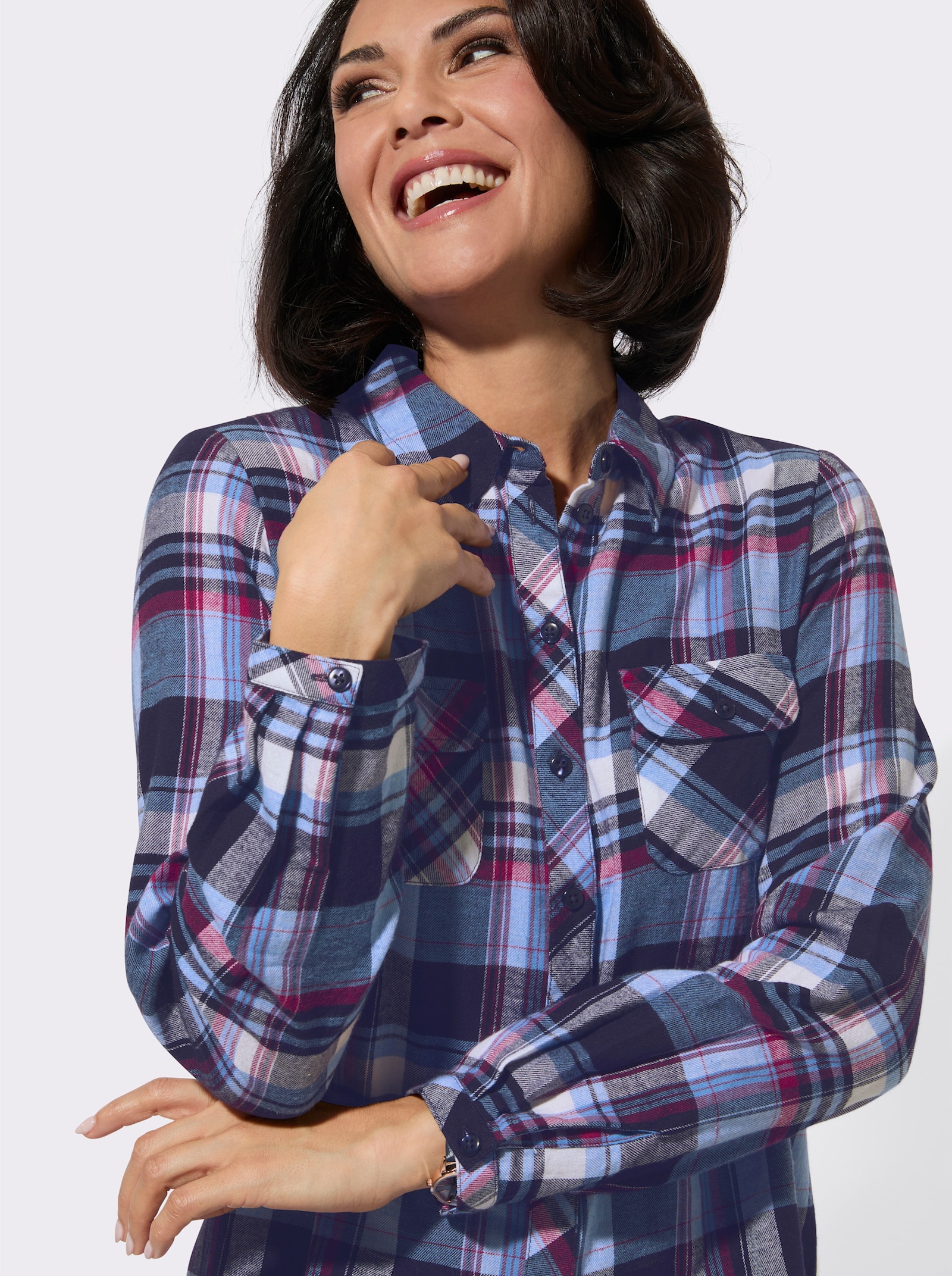Flanell-Bluse - magenta-marine-kariert