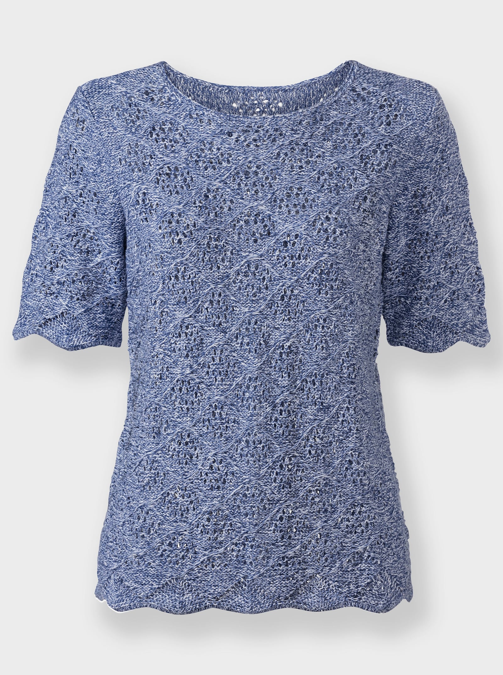 Ajourpullover mit gebogten Abschlüssen - jeansblau-weiß-meliert