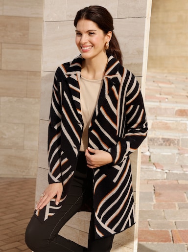 Longstrickjacke mit grafischem Jacquardmuster - schwarz-beige-gemustert