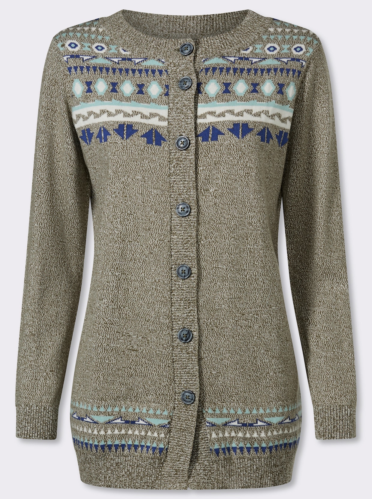 Longstrickjacke im Norweger-Muster - oliv-royalblau-gemustert