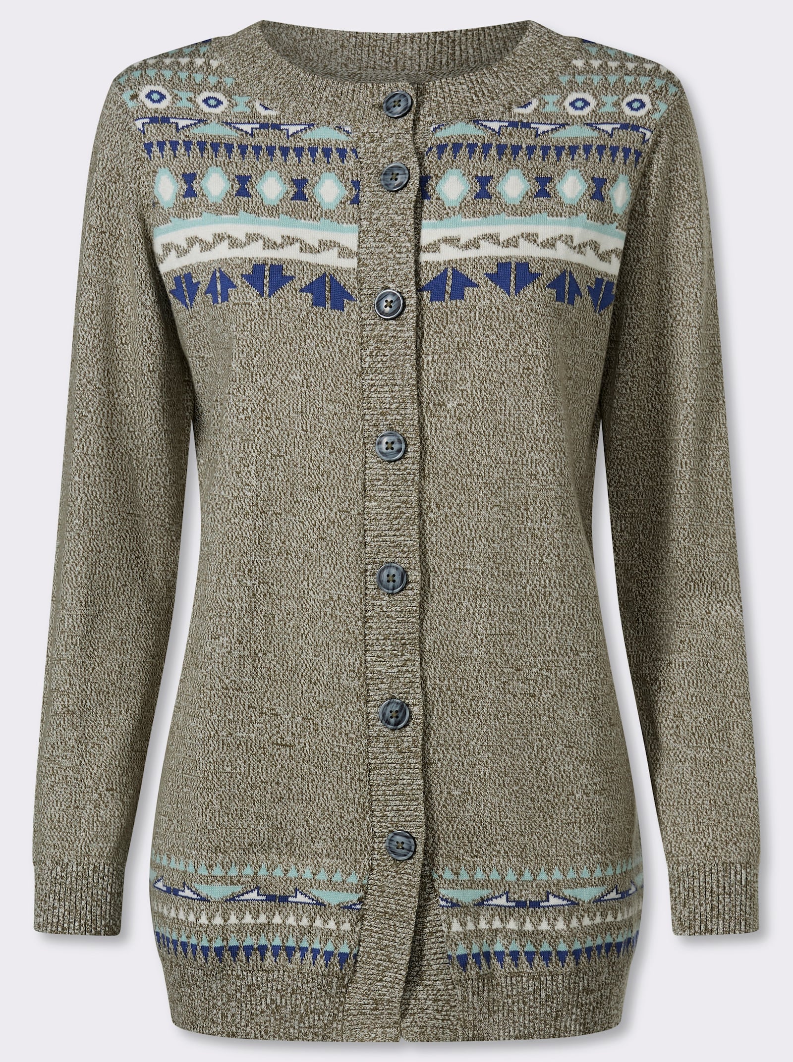 Longstrickjacke im Norweger-Muster - oliv-royalblau-gemustert